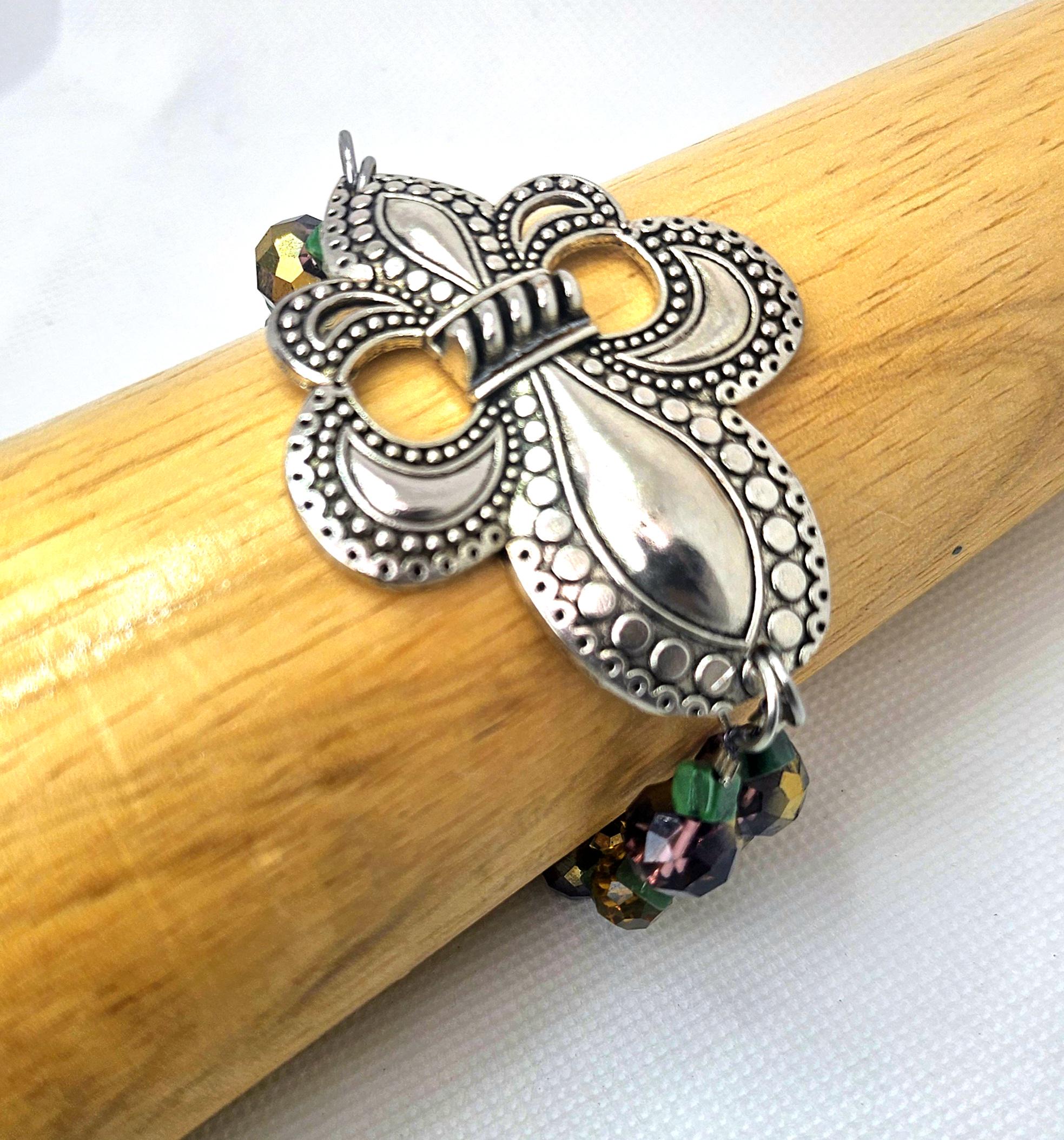 Moss Agate  Fleur De Lis Charm Bracelet for Mardi Gras Celebration Earthy Chic Jewelry Colorful Statement Accessory Perfect Gift