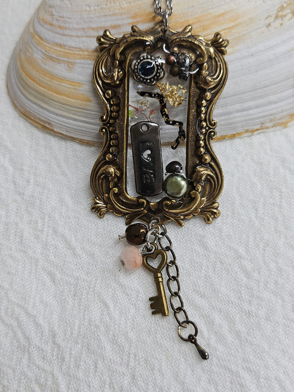 Multi-Media Framed Pendant Necklace with Whimsical Charms for Playful Style  Personality Expression