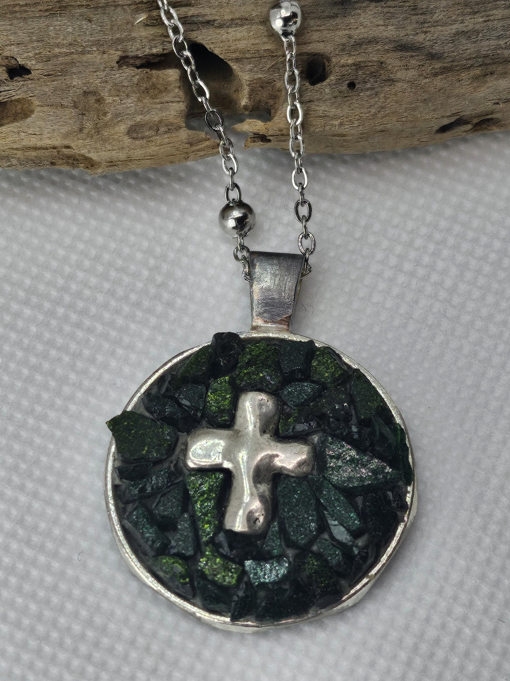 Micro Mosaic Cross Pendant on Durable Stainless Steel Chain - Artistic Jewelry for Unique Style and Conversation Starters