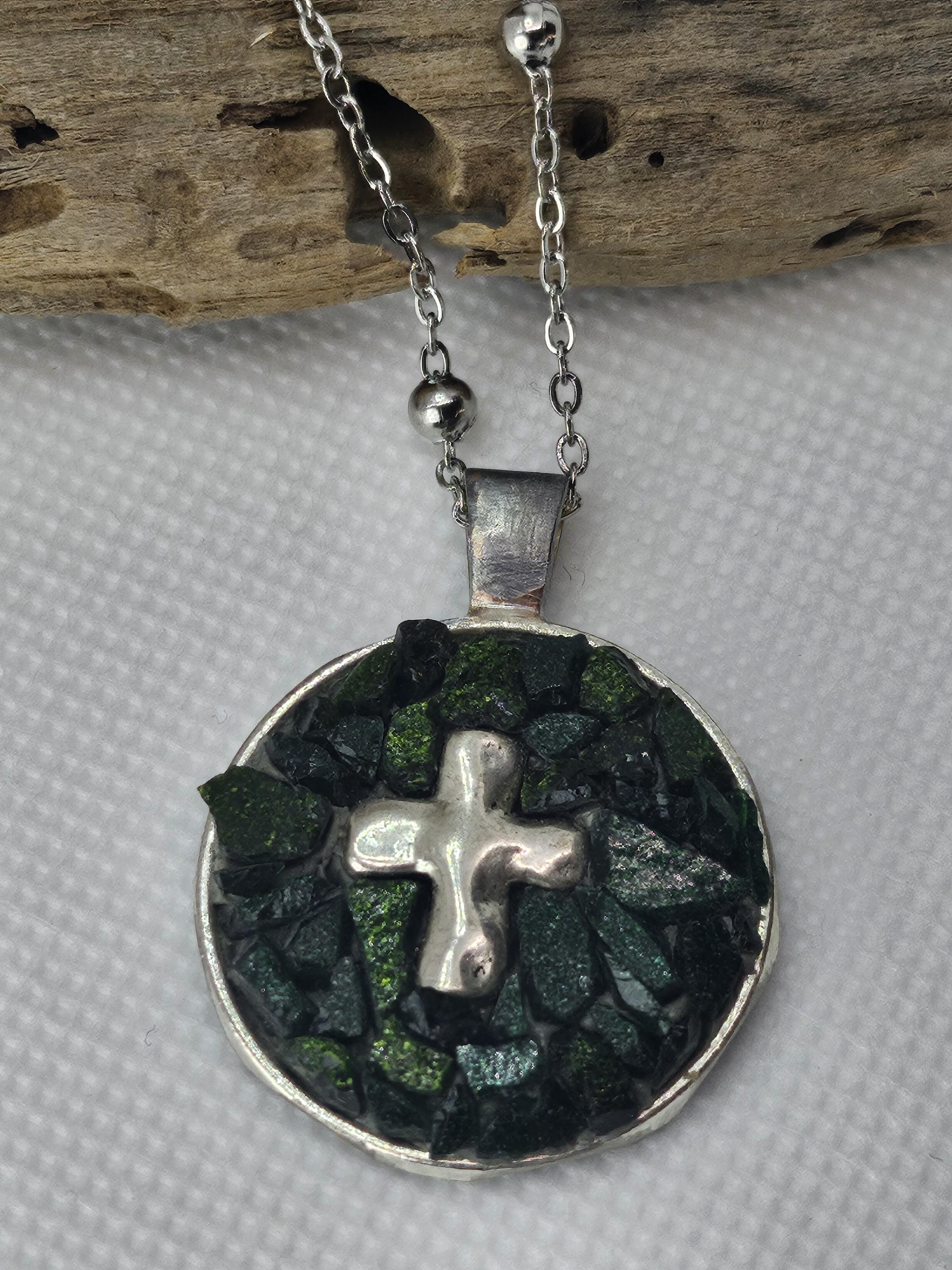 Micro Mosaic Cross Pendant on Durable Stainless Steel Chain - Artistic Jewelry for Unique Style and Conversation Starters