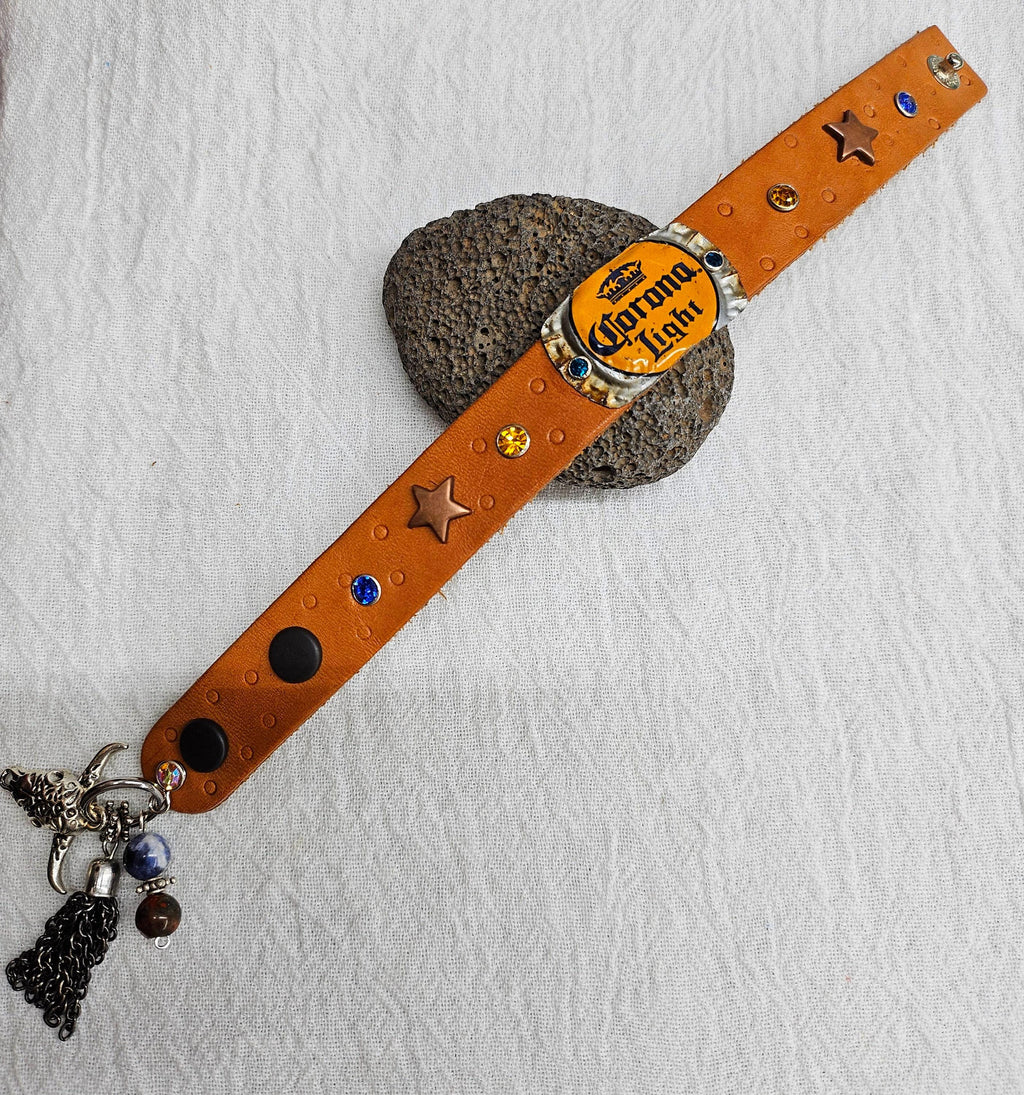 Beer Top Leather Cuff Bracelet - Rustic Boho Handmade Accessory - Unique Jewelry Gift for Her - Free Shipping  Statement Piece 387