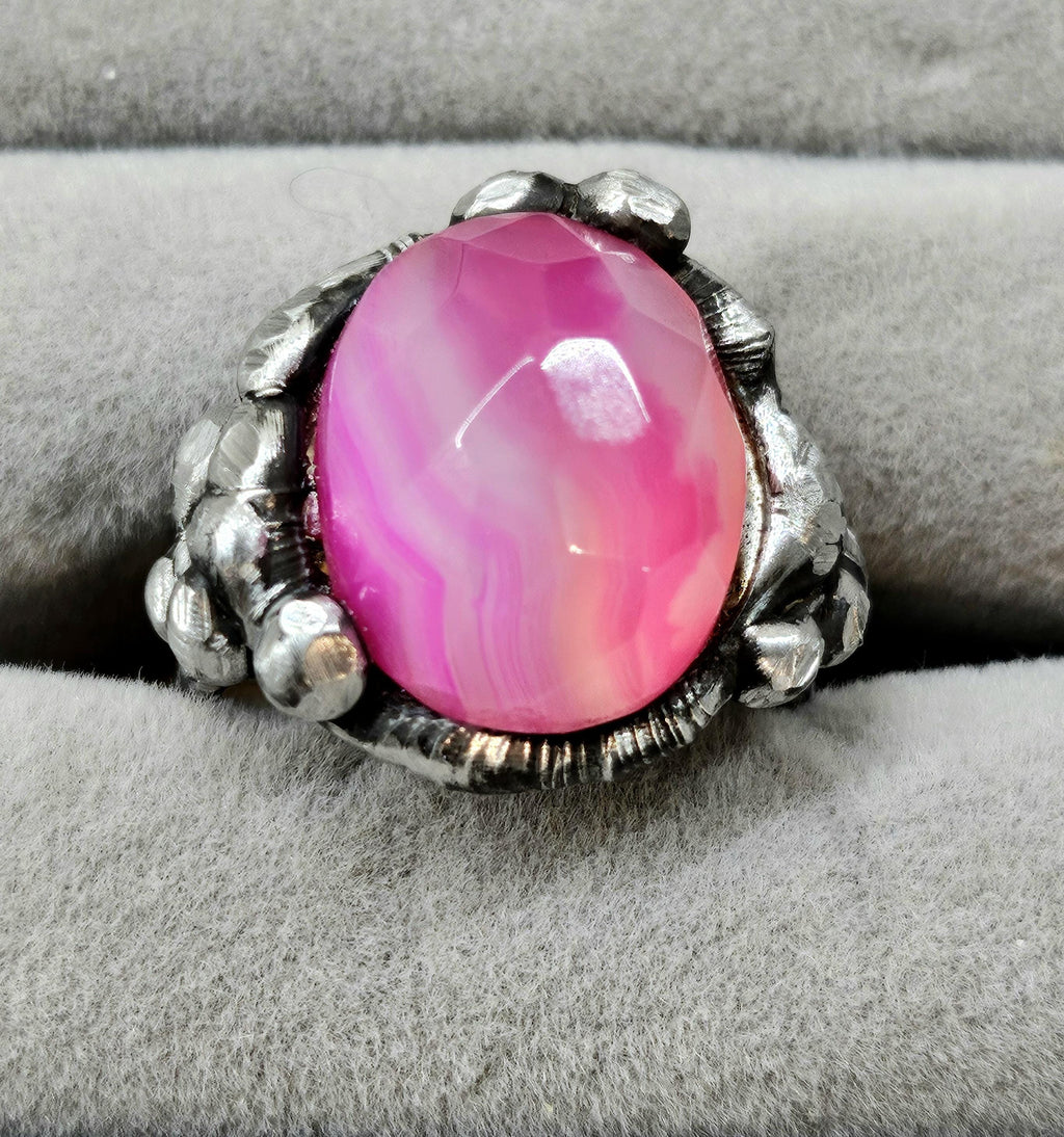 Pink Chalcedony  Silver Solder Ring  Handmade Rustic Boho Jewelry Gift for Her with FREE Shipping  Unique Statement Piece