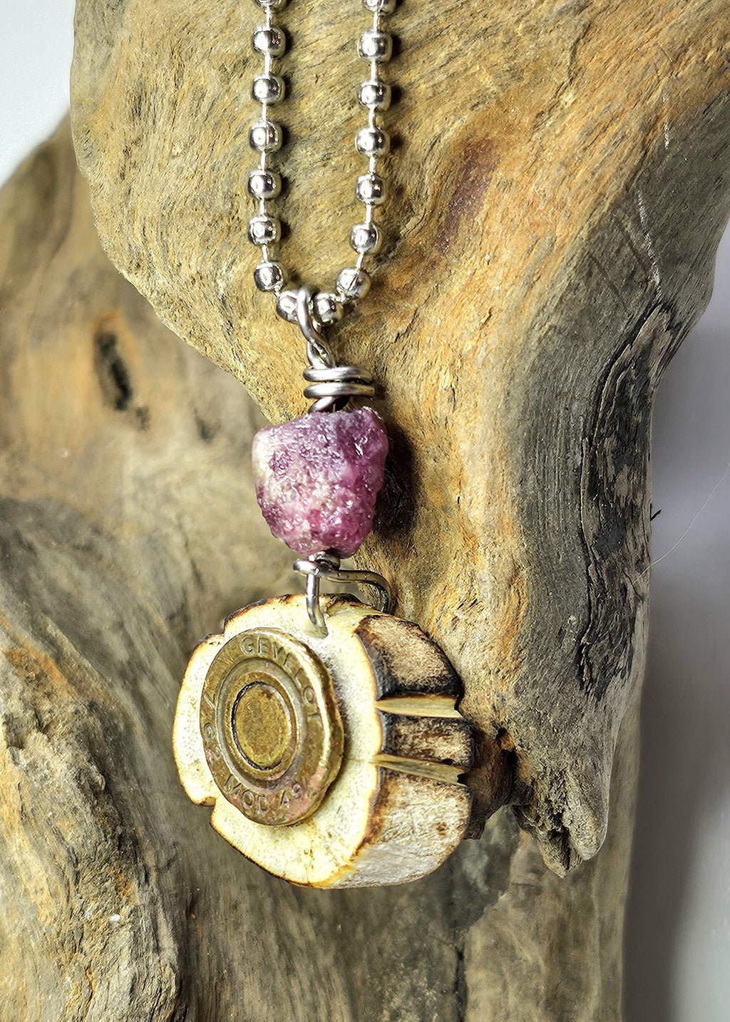 Deer Antler Slice Pendant with Bullet Brass  Pink Tourmaline Rustic Boho Handmade Jewelry Gift for Her Free Shipping