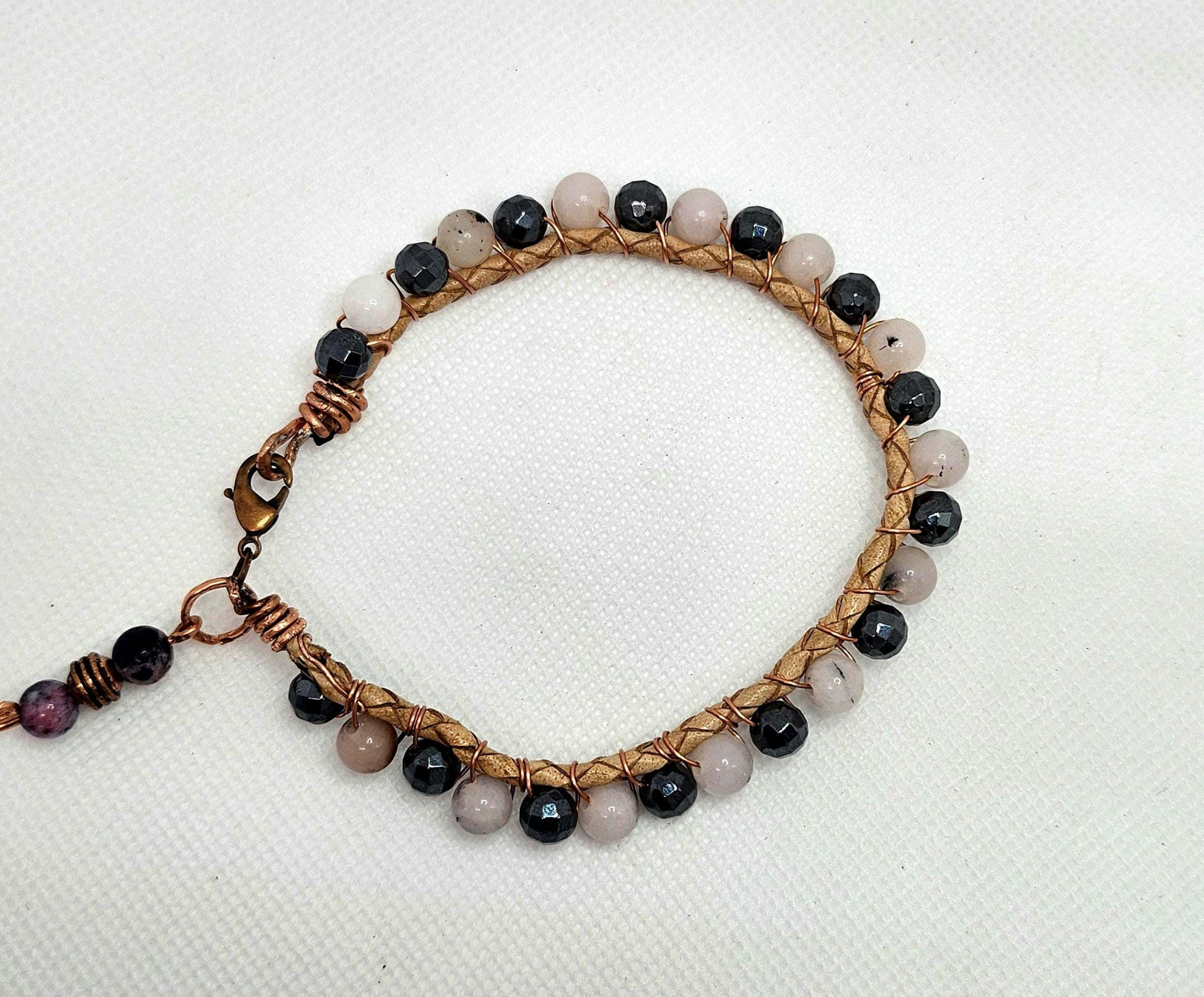 Rutilated Quartz  Hematite Leather Bracelet - Rustic Boho Handmade Jewelry Gift for Her - FREE SHIPPING
