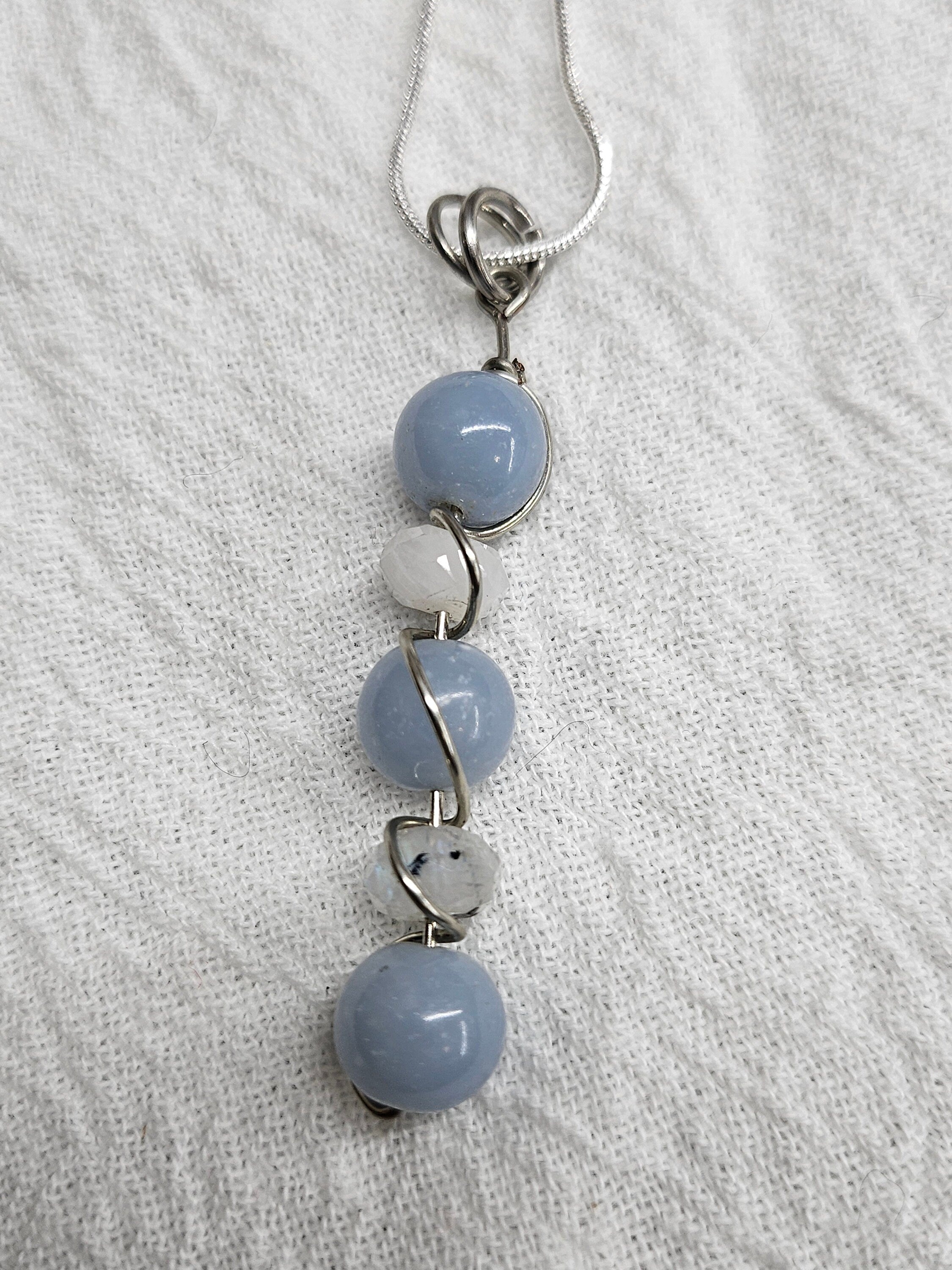 Blue Chalcedony  Moonstone Pendant Necklace on Stainless Steel Chain for Everyday Elegance and Sparkle
