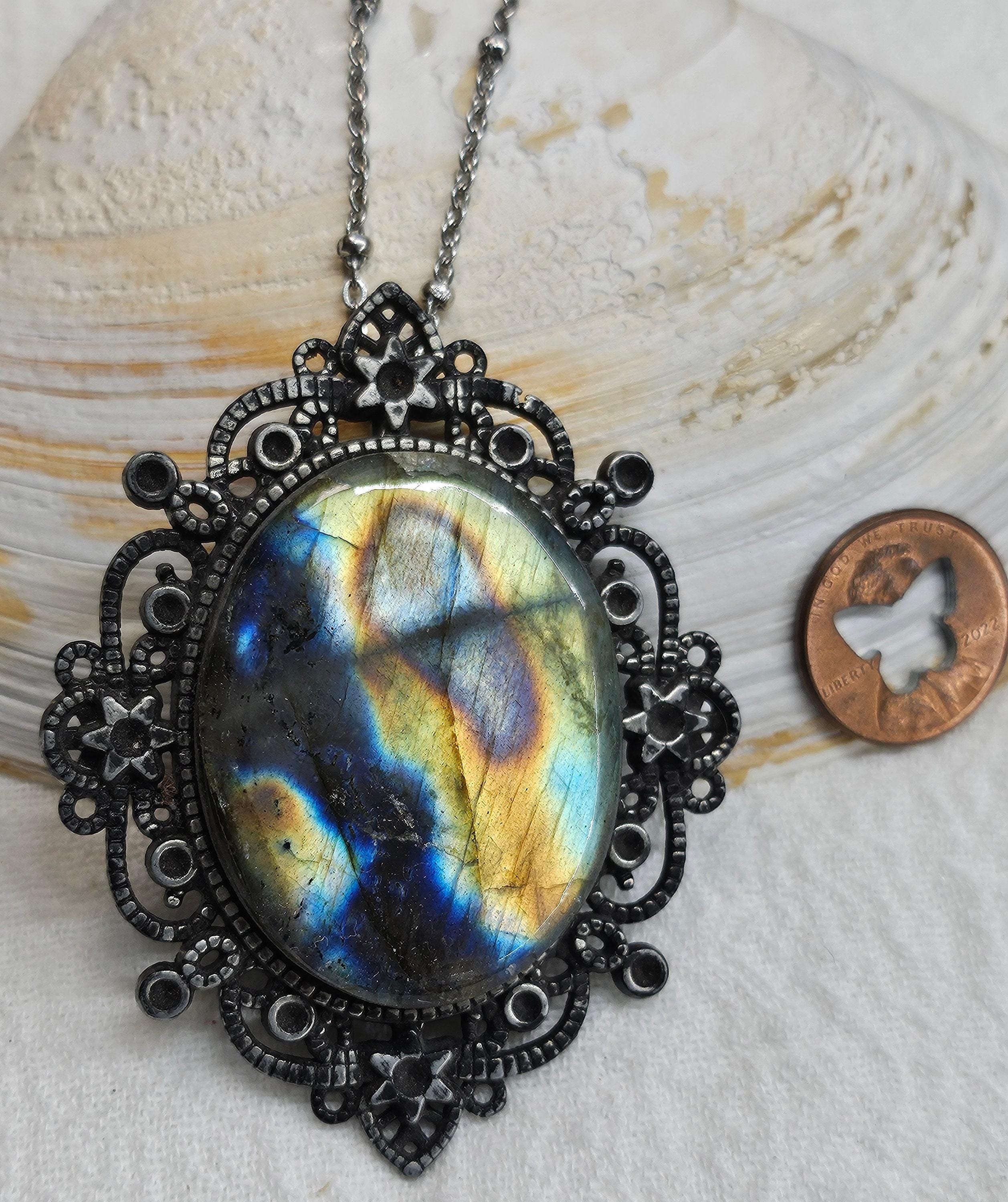 Natural Blue  Gold Flash Labradorite Stone Pendant - Unique Rustic Boho Handmade Jewelry Gift for Her - Artisan Accessory with Free Shipping