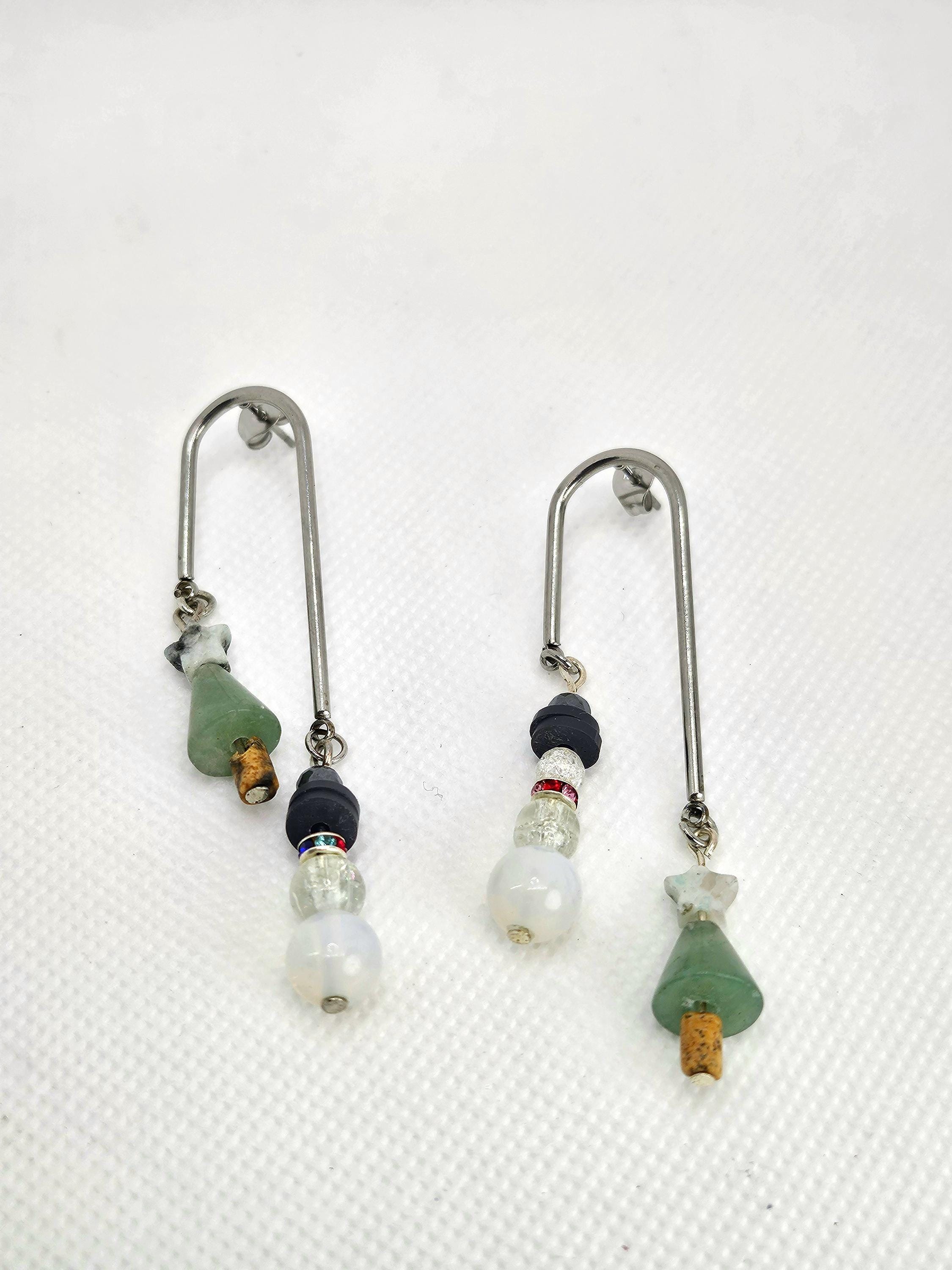 Green Aventurine & Mother of Pearl Christmas Earrings Rustic Boho Handmade Jewelry Gift for Her Free Shipping | Rustic Boho Jewelry #370