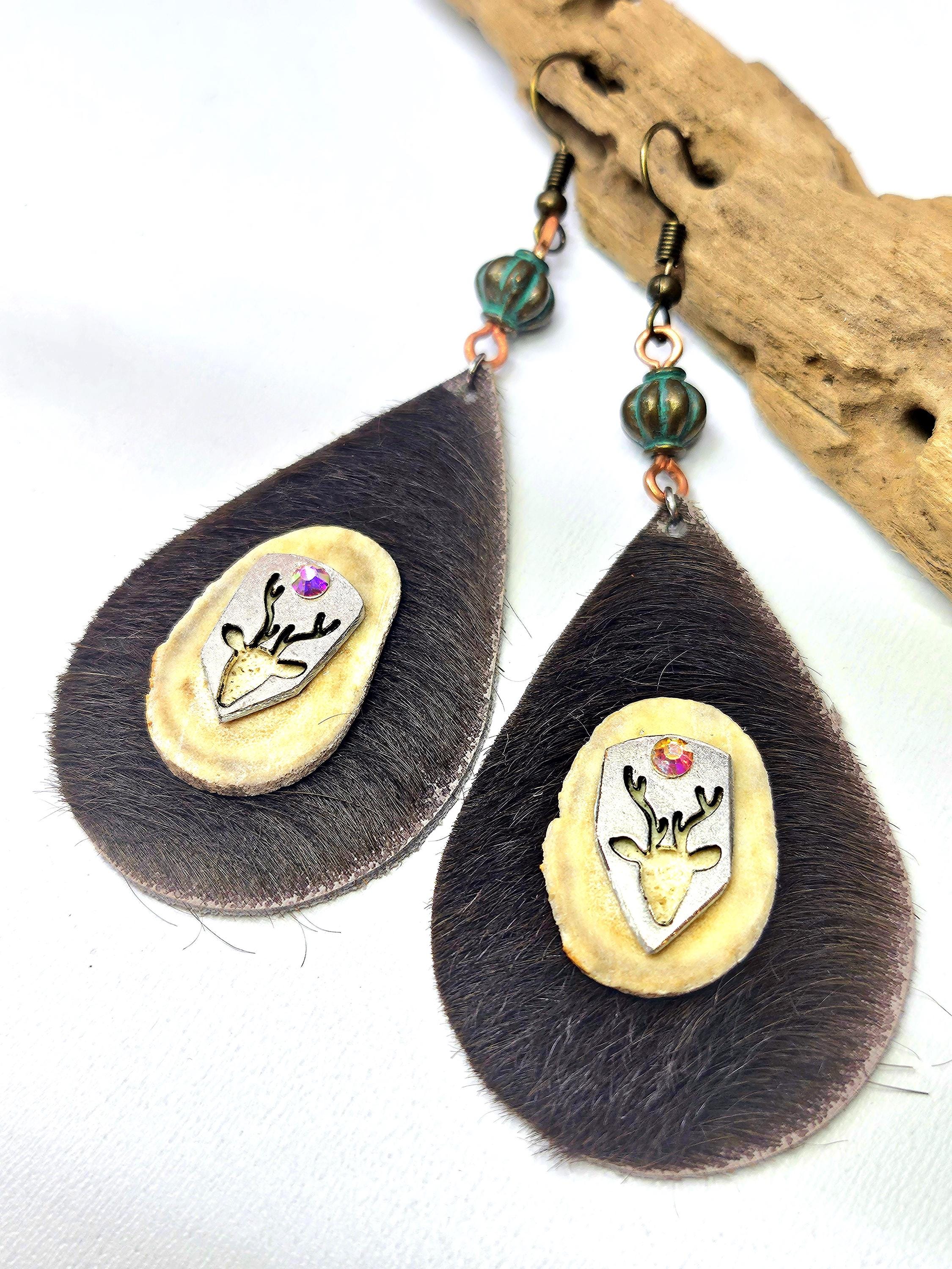 Rustic Deer Antler Slice  Leather Earrings on Stainless Steel Hooks for Nature Lovers  Woodland Chic Jewelry