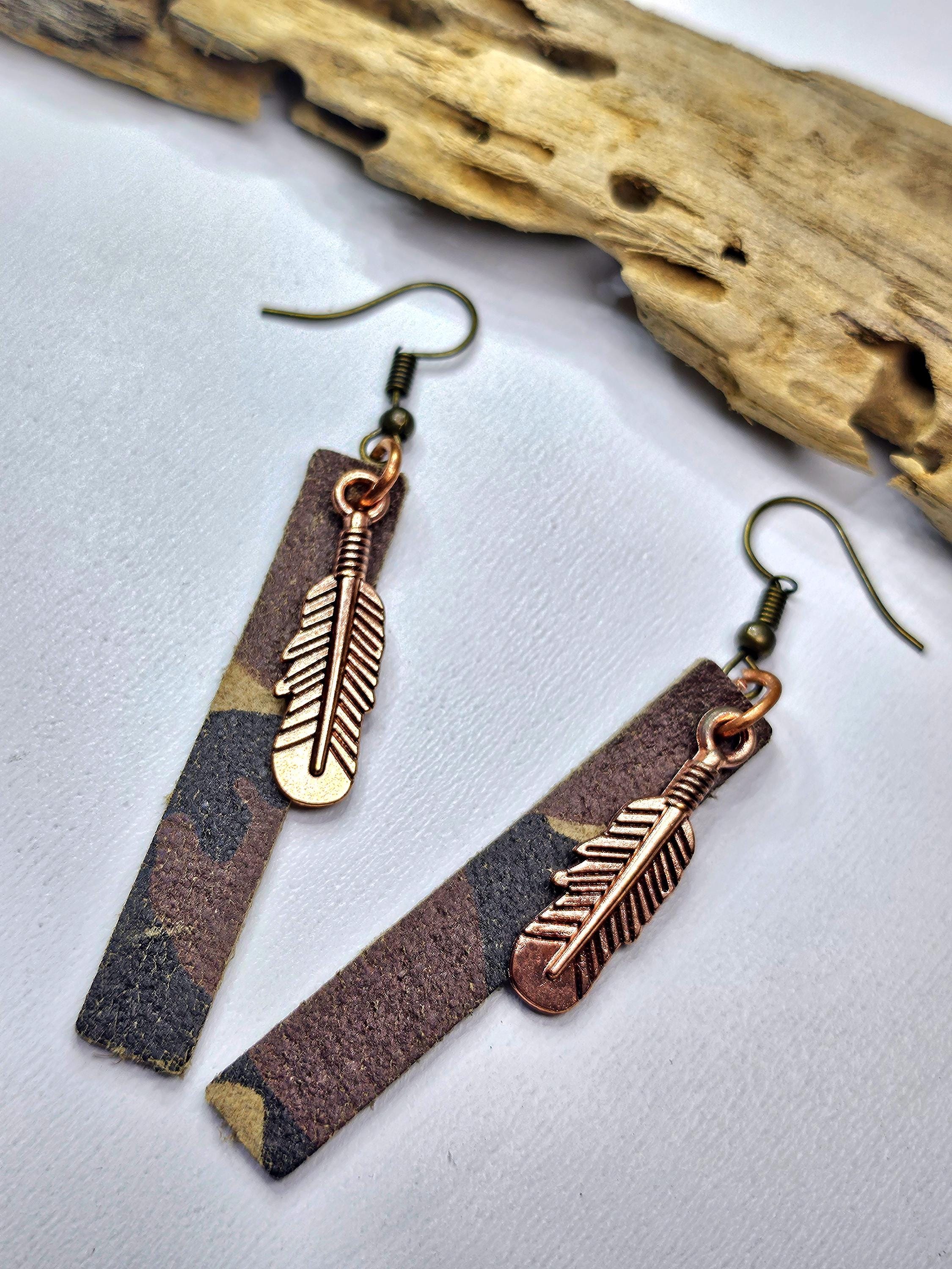 Handcut Camouflage Leather  Feather Charm Earrings with Whimsical Deer Pendant for Unique Style