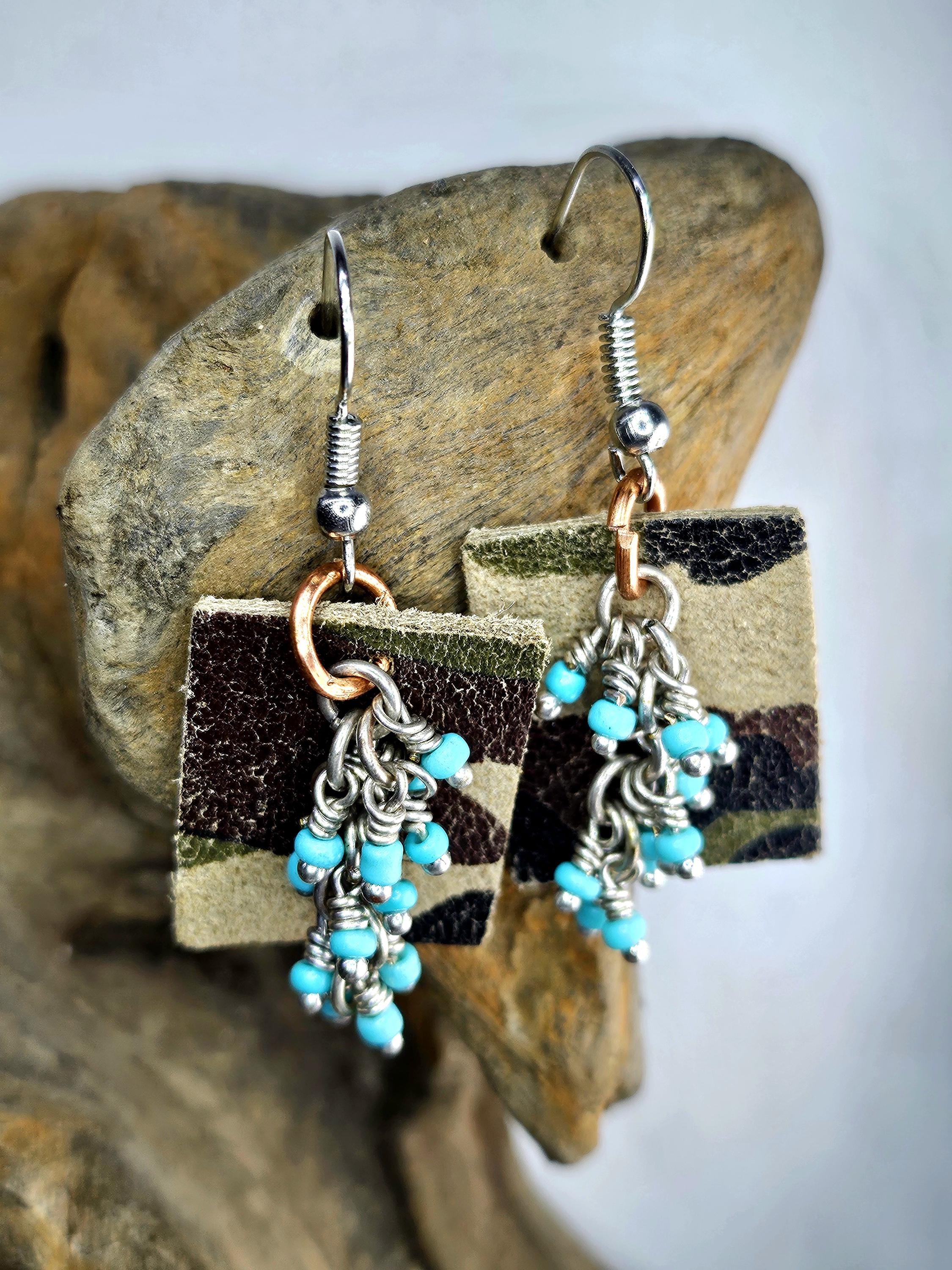 Handcut Camouflage Leather  Turquoise Earrings with Comfortable Stainless Steel Hooks for Nature Lovers