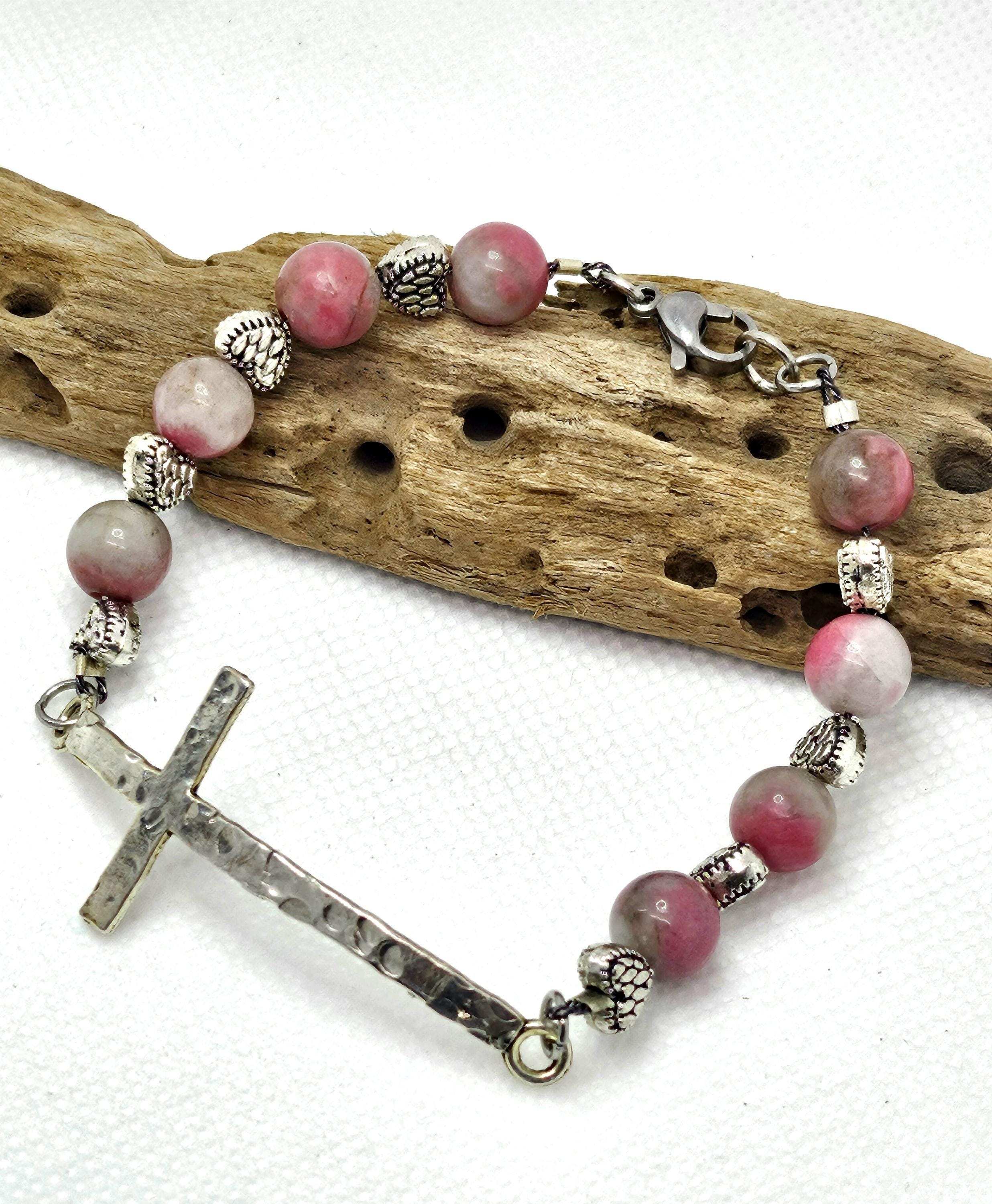 Rhodonite  Heart Charm Bracelet  Handmade Rustic Boho Jewelry Gift for Her  Free Shipping Everyday Wear Unique Accessory