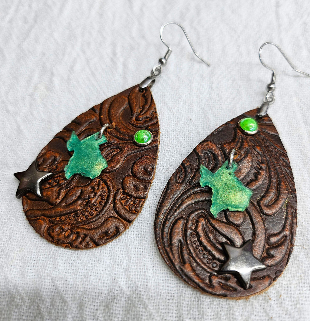 Handmade Tooled Leather Texas Earrings for Cowgirl Style - Rustic Boho Unique Studs  Drop Earrings Gift for Her with FREE Shipping