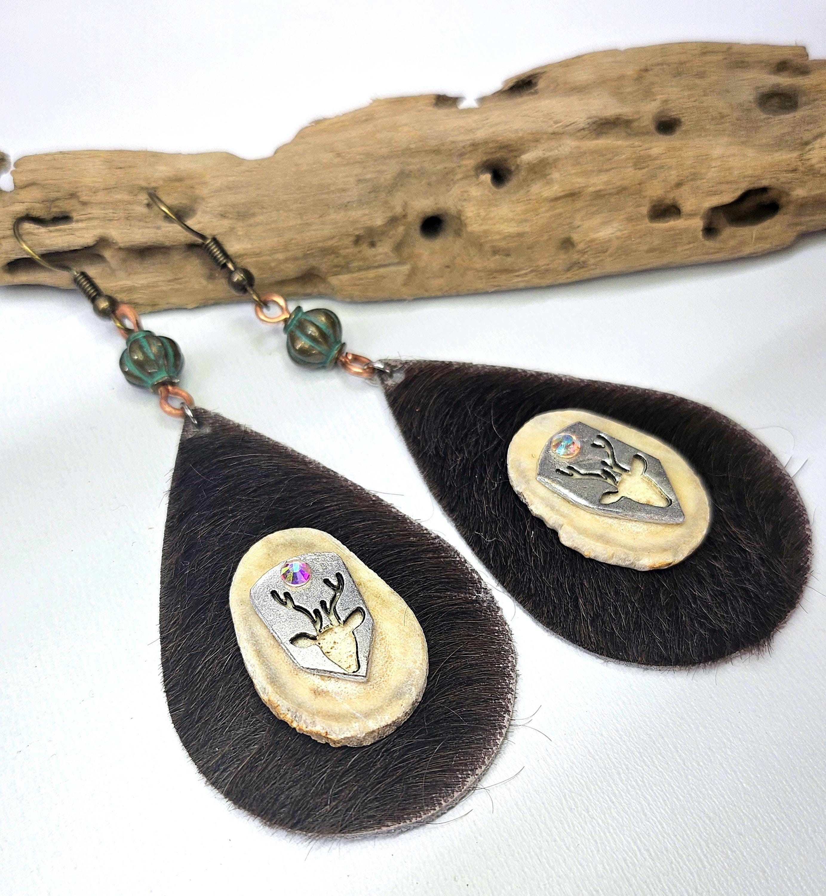 Rustic Deer Antler Slice  Leather Earrings on Stainless Steel Hooks for Nature Lovers  Woodland Chic Jewelry