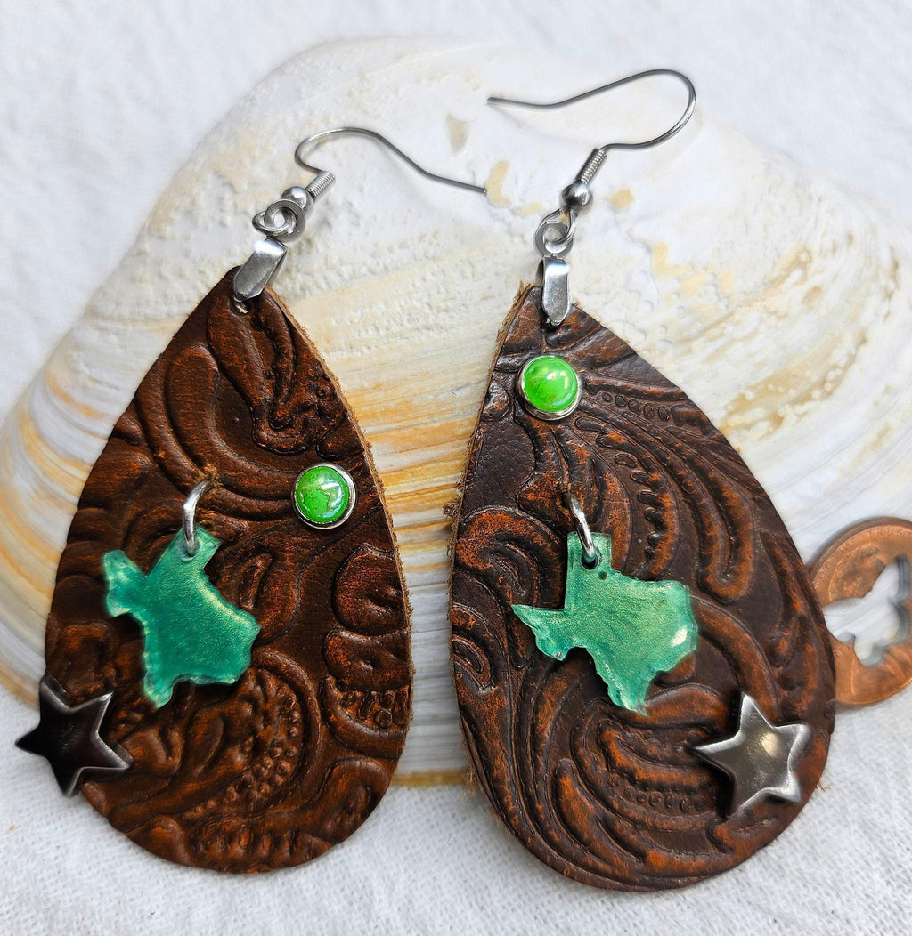 Handmade Tooled Leather Texas Earrings for Cowgirl Style - Rustic Boho Unique Studs  Drop Earrings Gift for Her with FREE Shipping