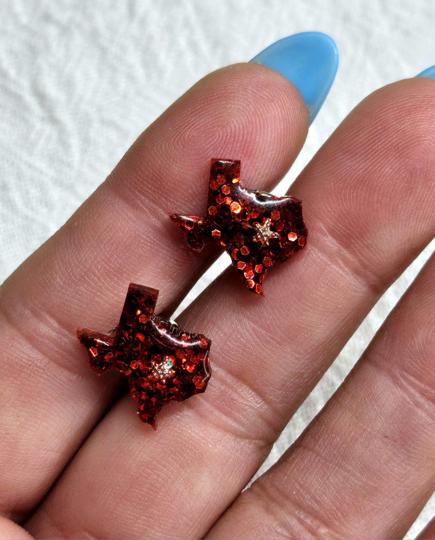 Texas Resin Stud Earrings with Glitter  Stainless Steel Post - Handmade Rustic Boho Jewelry for Everyday Wear Perfect Gift