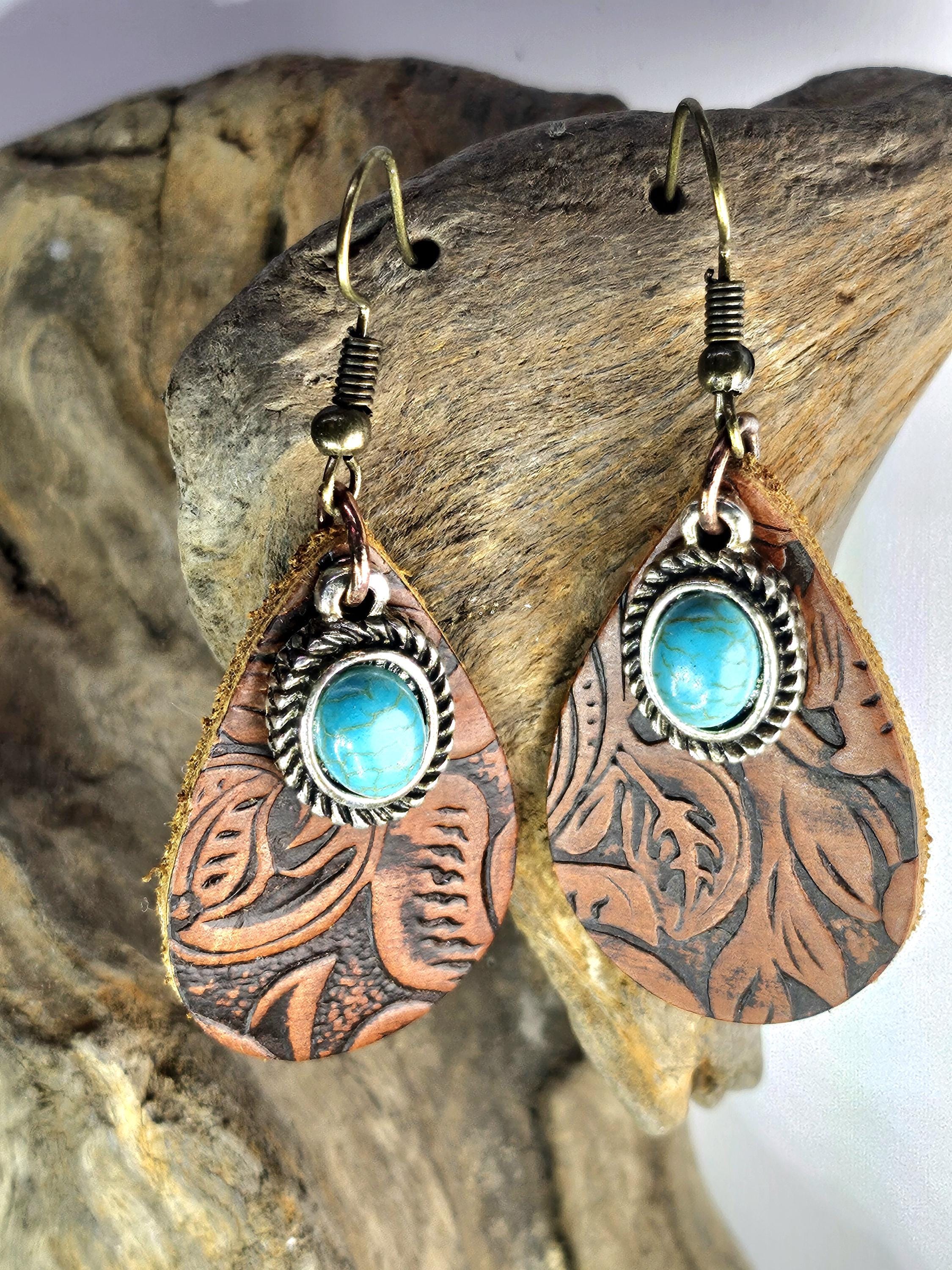 Handcut Leather Turquoise Dangle Earrings with Stainless Steel Hooks for Stylish Comfort