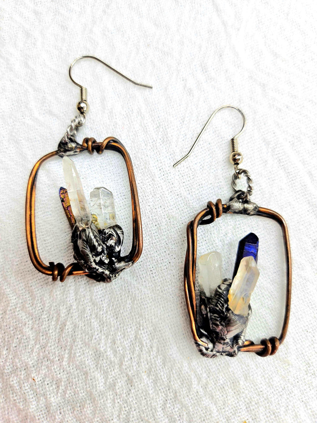 Rustic Wire  Crystal Point Earrings - Handmade Boho Jewelry Gift for Her - Unique Rustic Design with Free Shipping