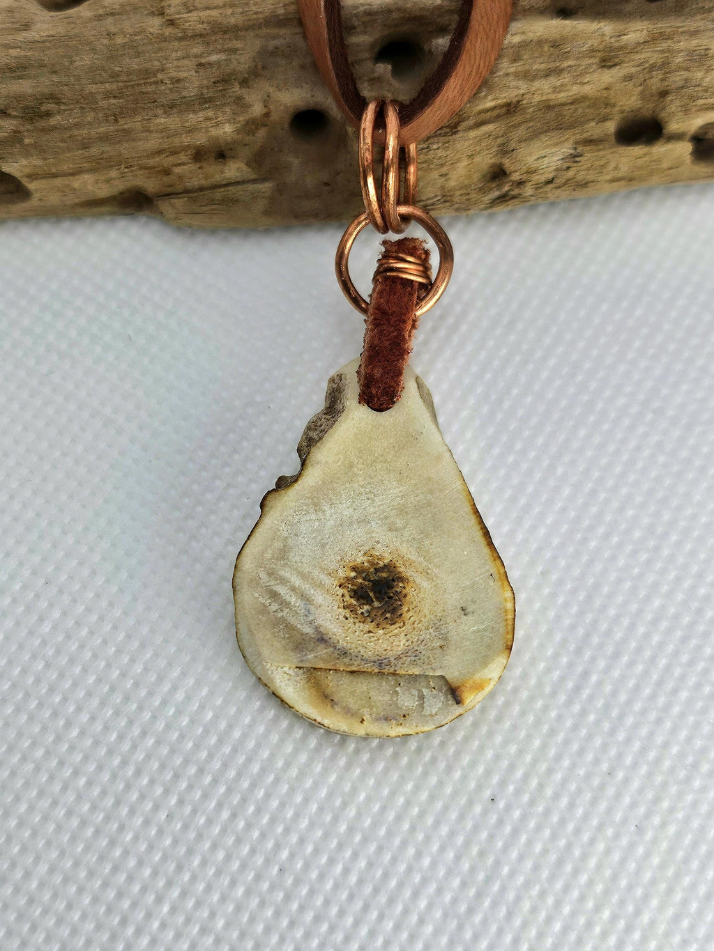Natural Deer Antler Slice Pendant Necklace with Bullet Brass  Pink Tourmaline Accents on Leather Cord - Eco-Chic Woodland Jewelry