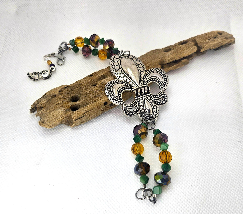 Moss Agate  Fleur De Lis Charm Bracelet for Mardi Gras Celebration Earthy Chic Jewelry Colorful Statement Accessory Perfect Gift