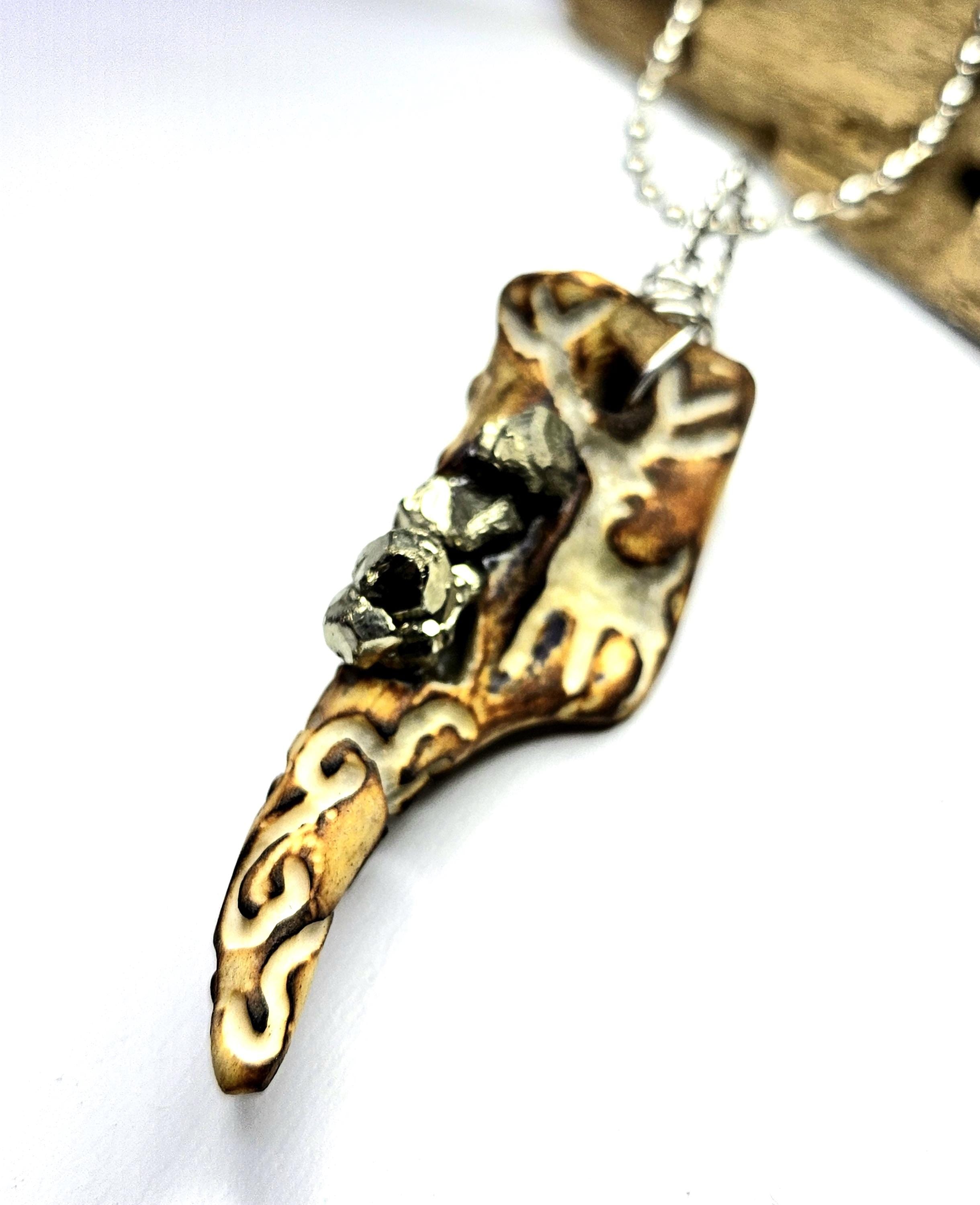 Hand Carved Deer Tine  Pyrite Nugget Pendant on Stainless Steel Chain  Rustic Woodland Jewelry Good Luck Charm for Nature Lovers