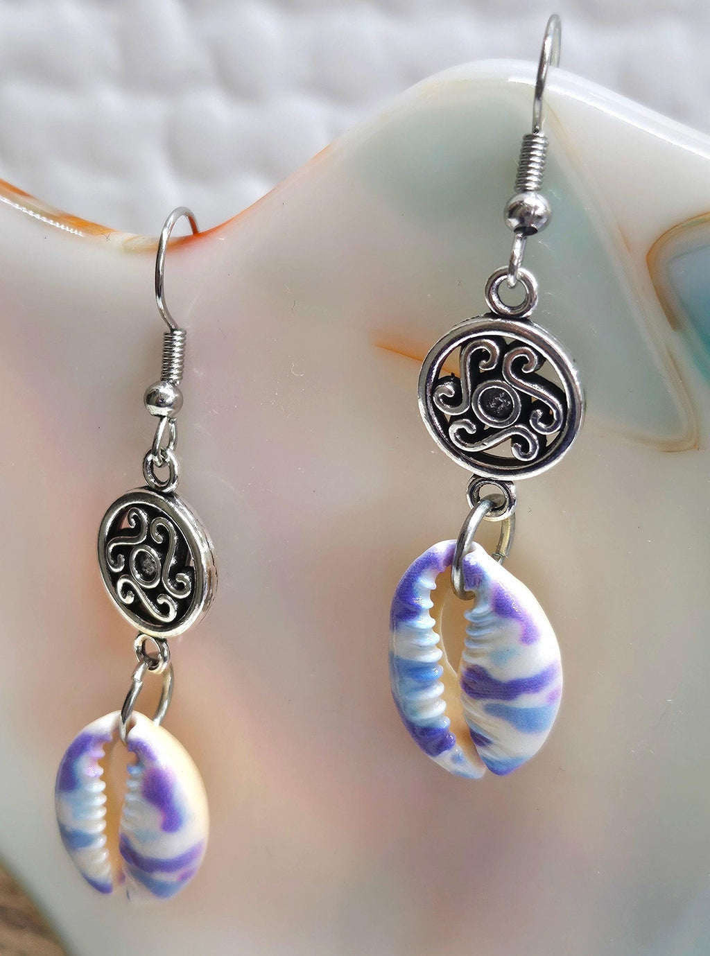 Handmade Painted Cowrie Shell  Charm Earrings  Rustic Boho Jewelry Gift for Her with Free Shipping  Unique Accessory for Beach Days