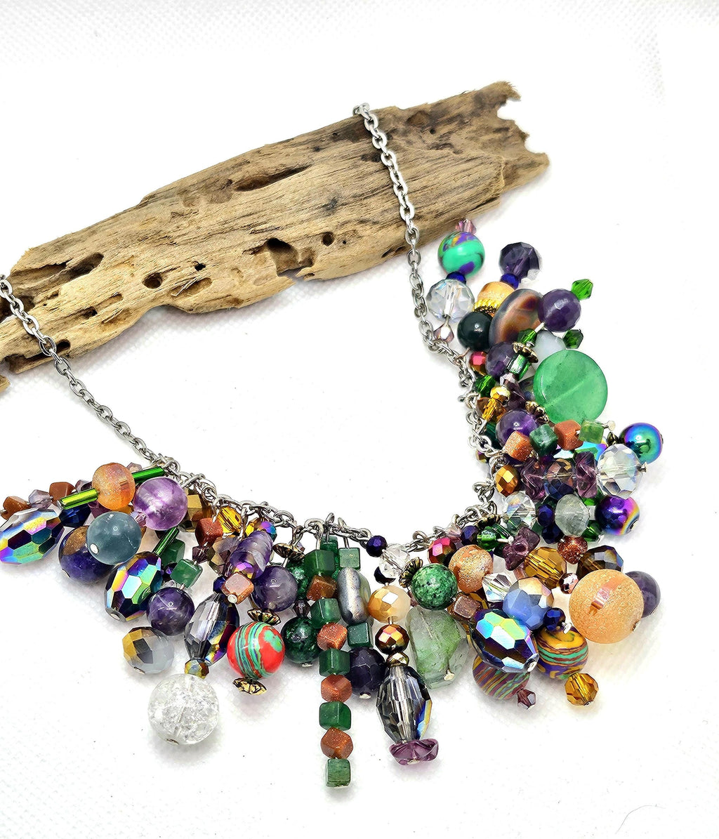 Crystal  Glass Cluster Necklace - Rustic Boho Handmade Jewelry Gift for Her - Free Shipping - Unique Statement Piece for Any Occasion