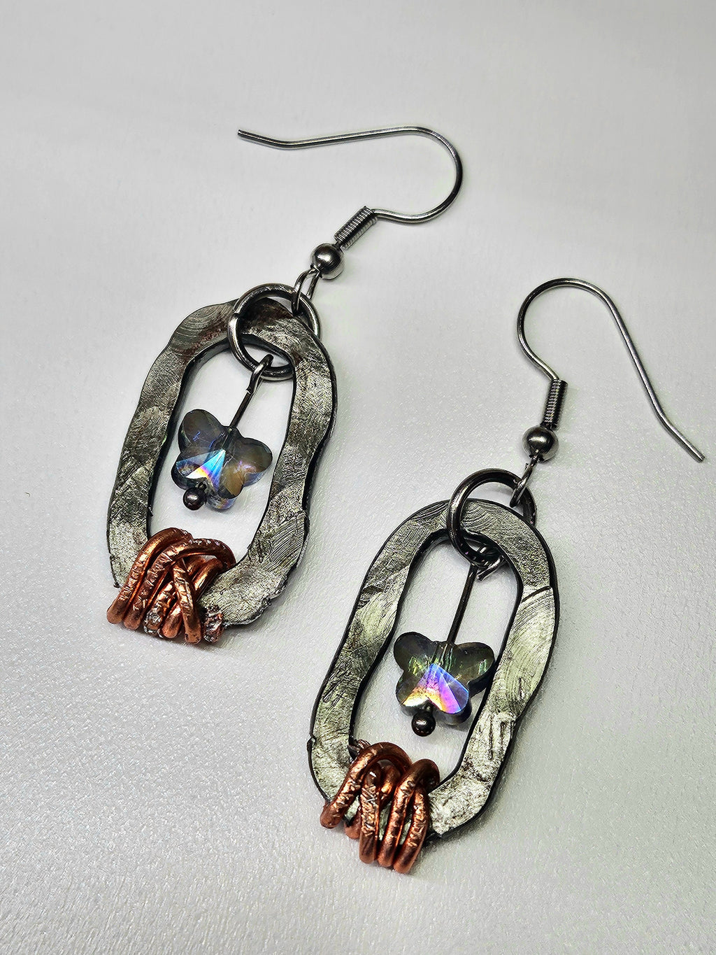 Swarovski Crystal Butterfly Earrings with Textured Metal Links  Stainless Steel Hooks for Everyday Elegance