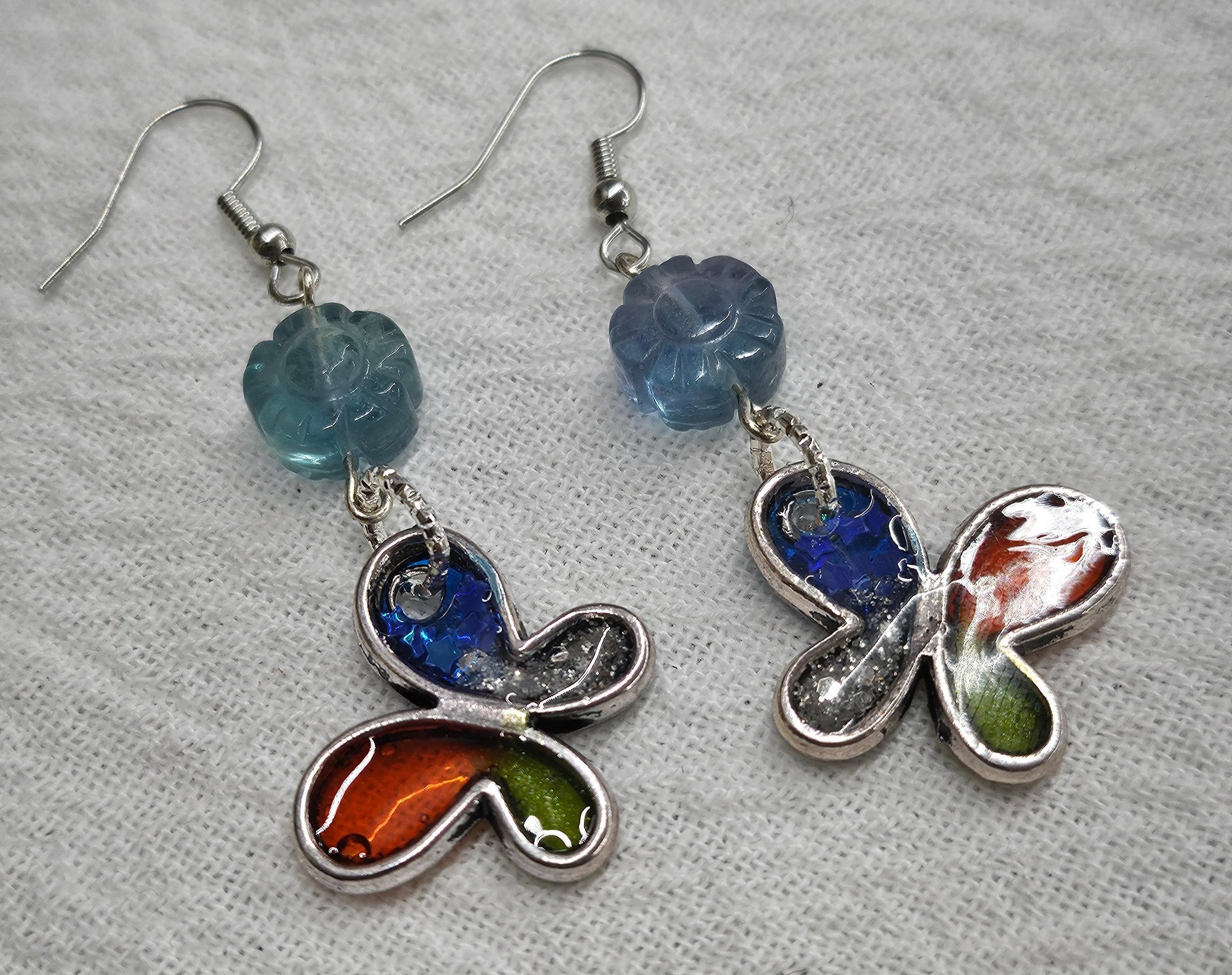 Butterfly  Flourite Drop Earrings  Rustic Boho Handmade Jewelry Gift for Her  FREE Shipping  Unique Style