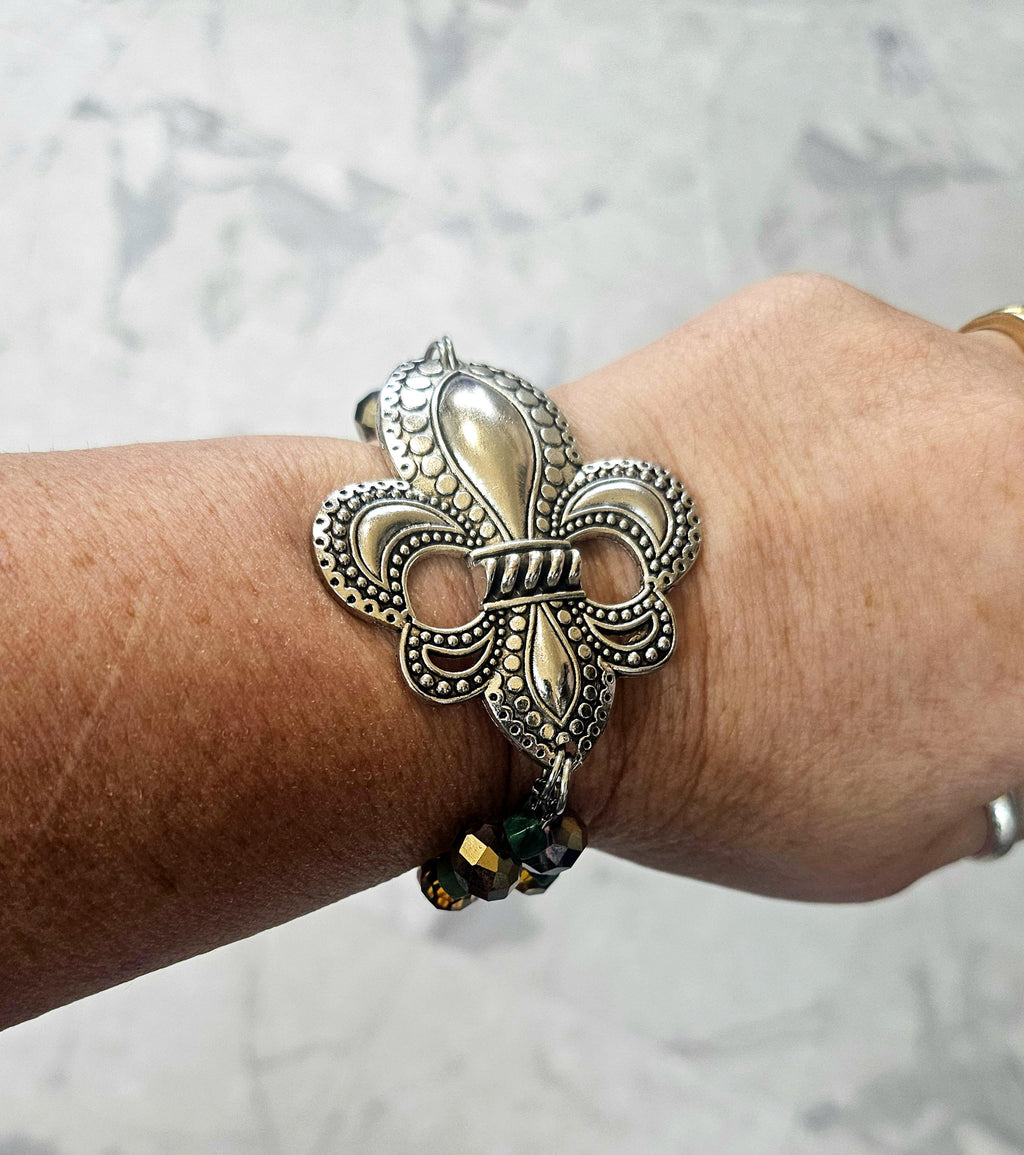 Moss Agate  Fleur De Lis Charm Bracelet for Mardi Gras Celebration Earthy Chic Jewelry Colorful Statement Accessory Perfect Gift