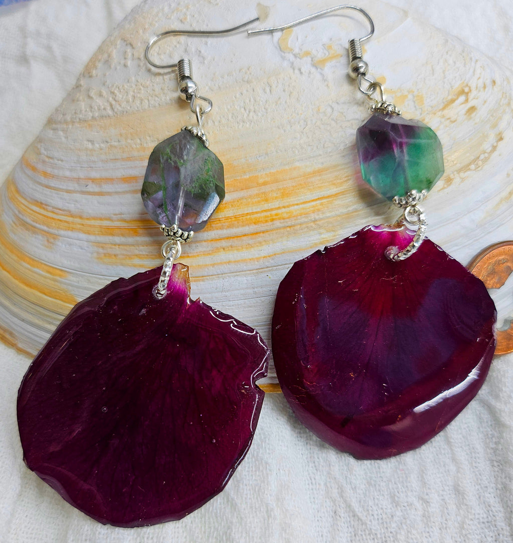 Dried  Pressed Rose Petal Earrings with Flourite Stone - Nature-Inspired Jewelry for Garden Lovers Floral Accessories for Every Occasion