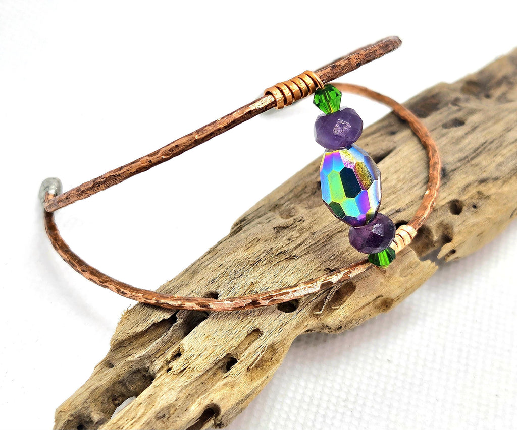 Textured Copper Wire Cuff Bracelet with Crystal Accent  Rustic Boho Handmade Jewelry Gift for Her  Free Shipping Available