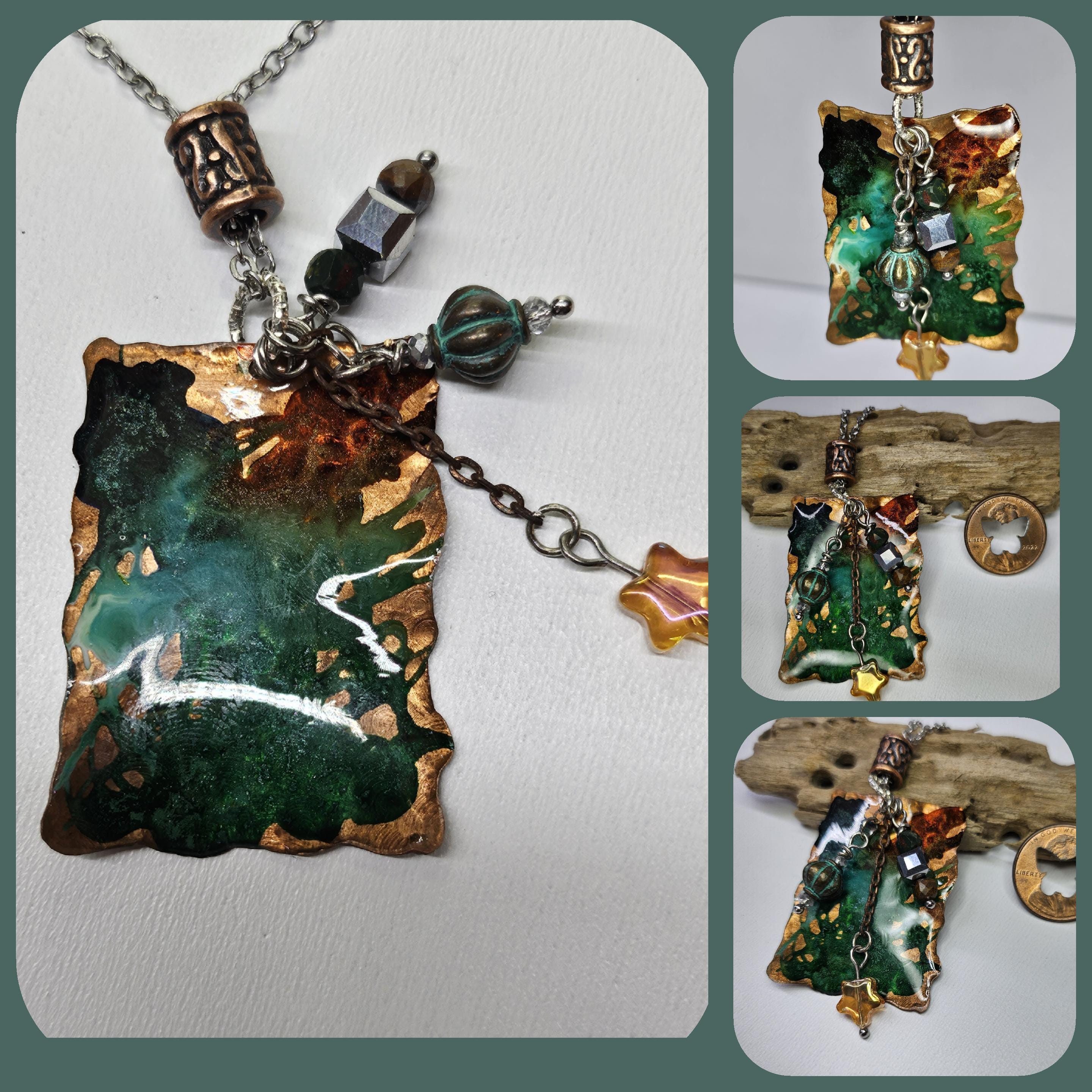 Textured Copper  Ink Stained Pendant Necklace - Rustic Boho Handmade Jewelry Gift for Her - FREE SHIPPING