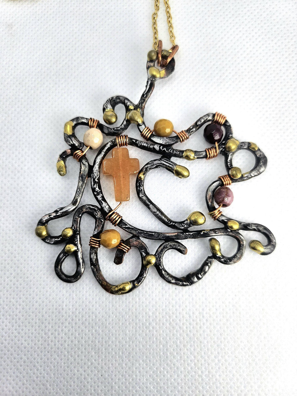 Handmade Carnelian Cross Pendant with Mookite Beads and Silver Solder on Gold Filled Chain - Unique Boho Jewelry Gift for Her Perfect