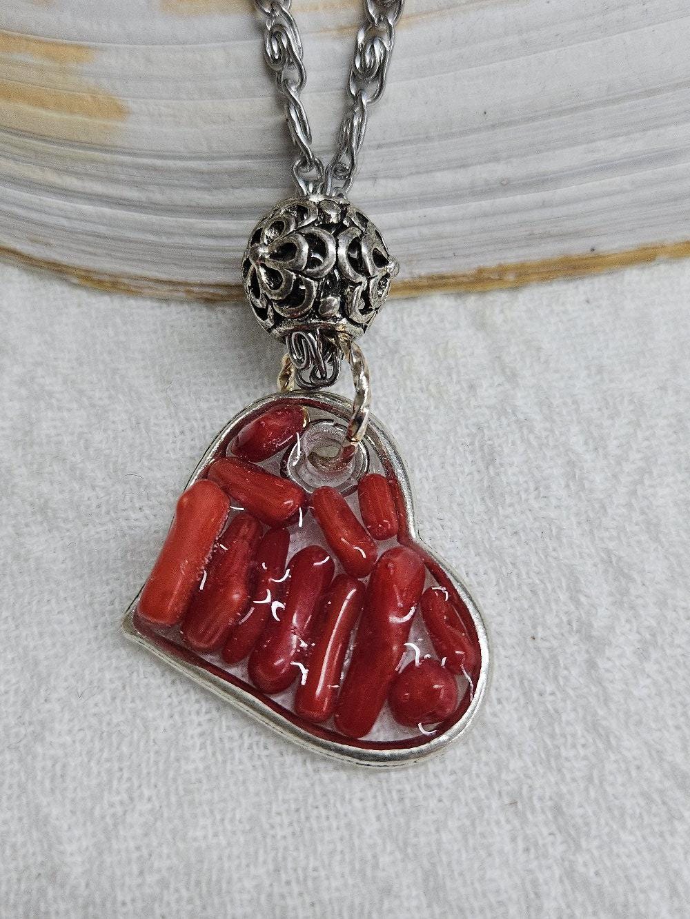 Natural Red Coral Pendant Necklace with Stainless Steel Filigree Bead on 20 Chain - Unique Ocean-Inspired Jewelry for Stylish Women