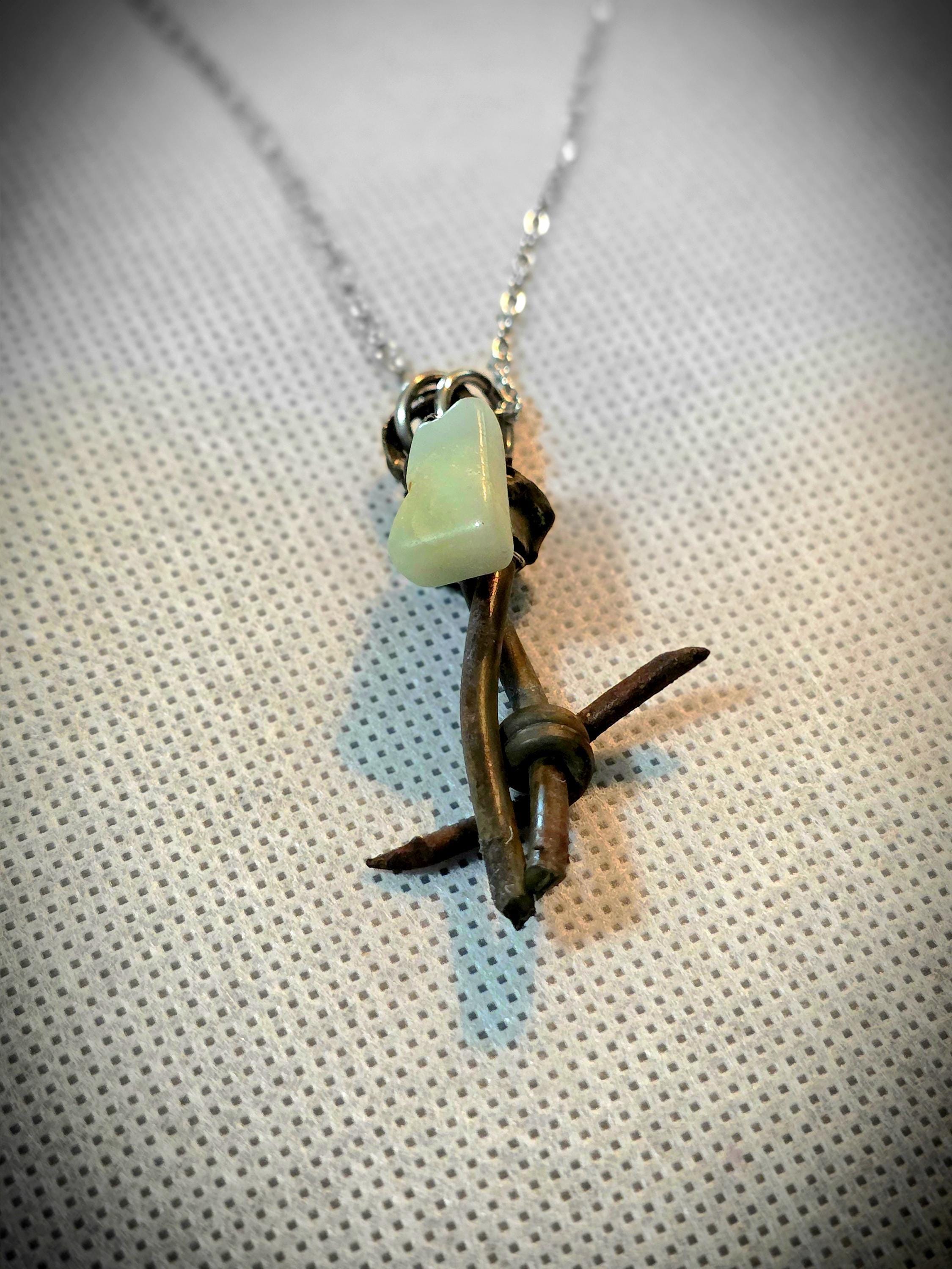 Handmade Barbed Wire Green Jade Pendant on Stainless Steel Chain - Unique Rustic Boho Jewelry for Gift or Personal Style