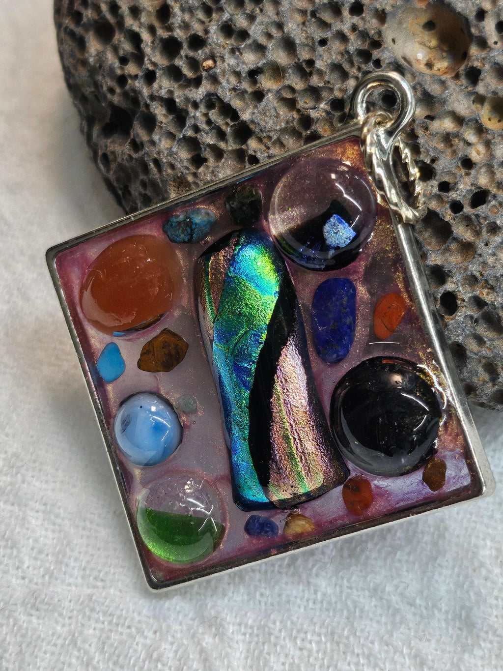 Fused Glass Mosaic Pendant in Rustic Boho Style  Handmade Jewelry Gift for Her  Unique Statement Accessory with FREE Shipping 236