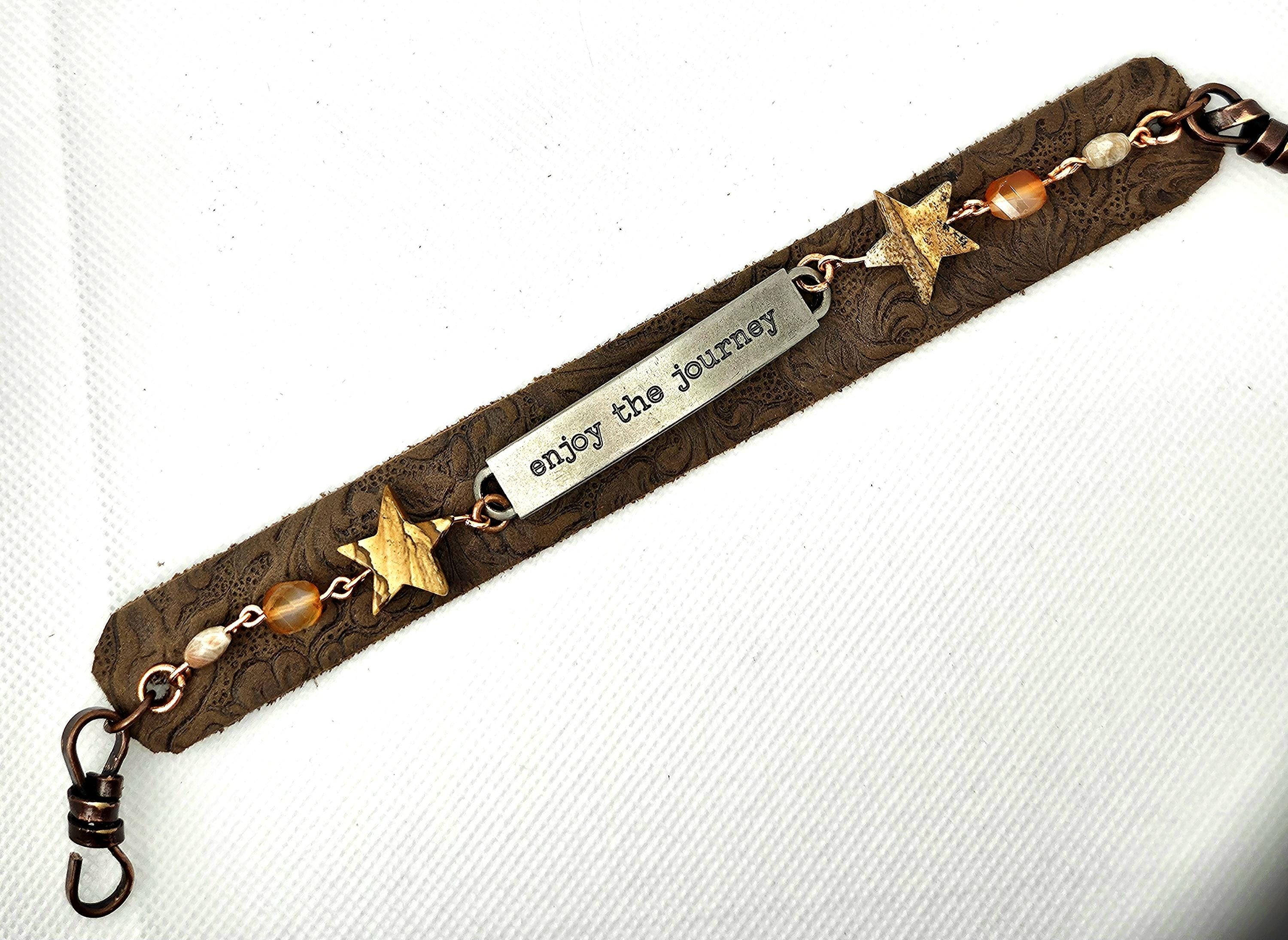 Tooled Leather  Jasper Stone Bracelet with Unique Word Plate Snap Closure for Stylish Comfort  Expression