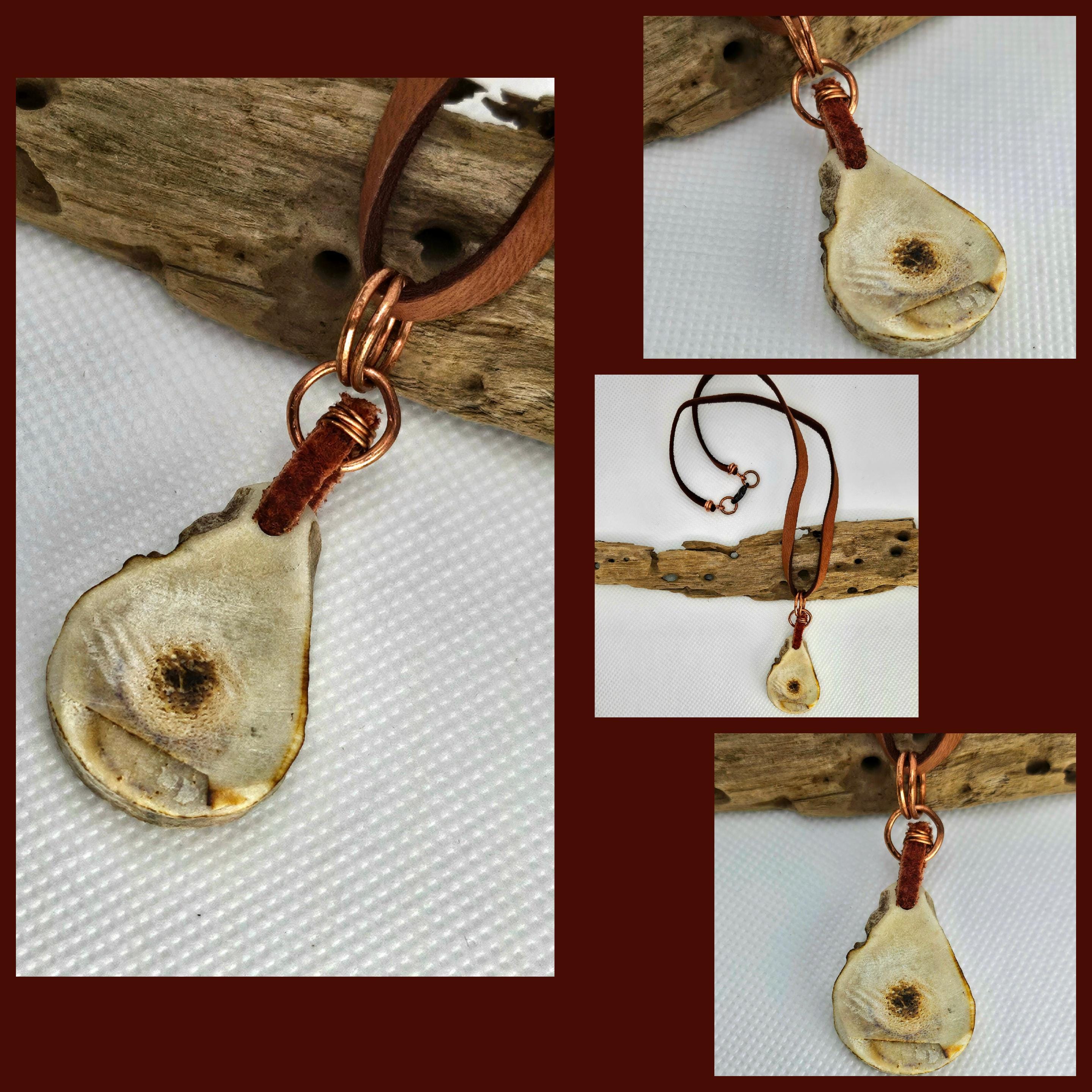 Natural Deer Antler Slice Pendant Necklace with Bullet Brass  Pink Tourmaline Accents on Leather Cord - Eco-Chic Woodland Jewelry