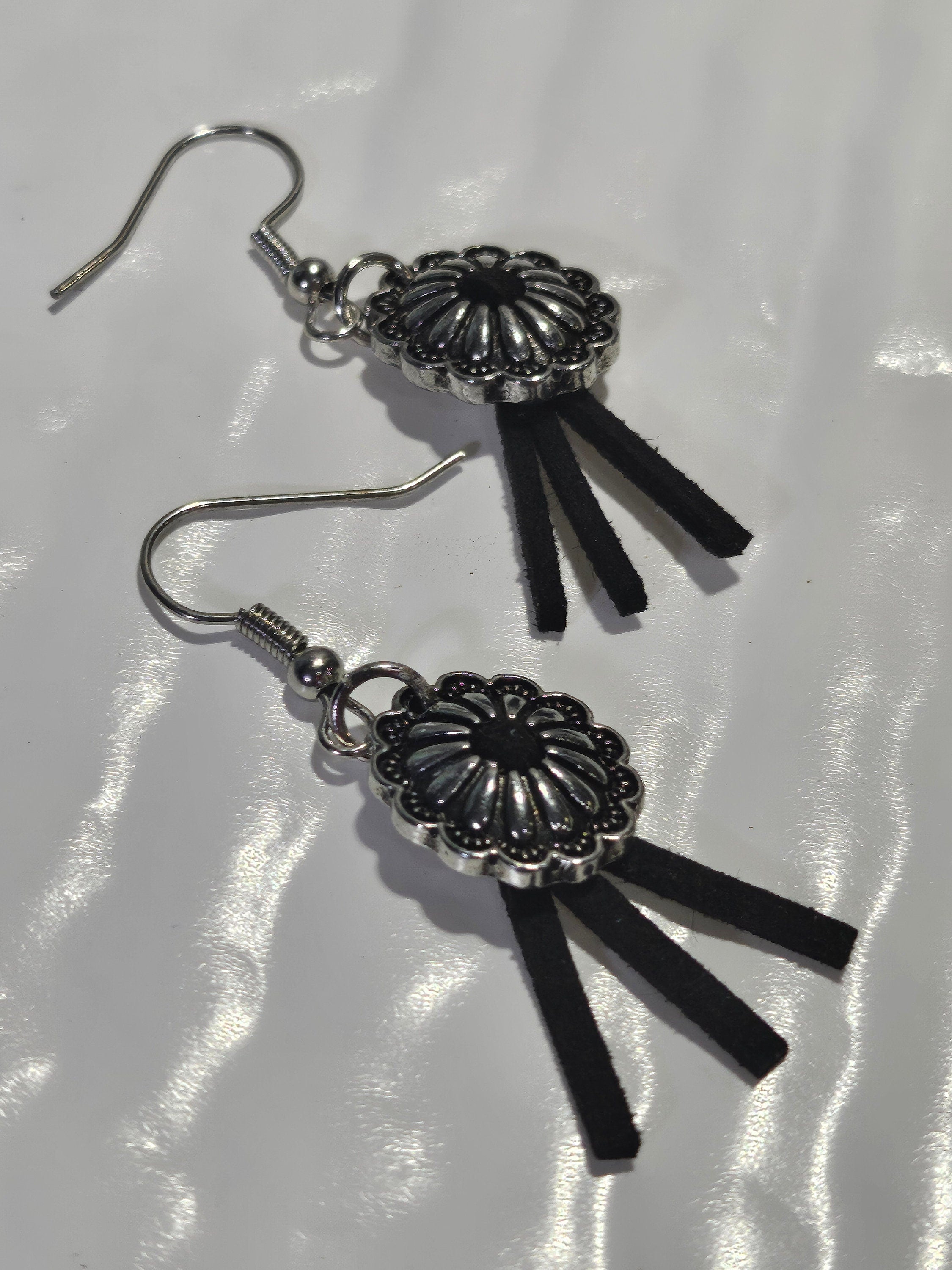 1-Inch Black Leather Concho Earrings with Stainless Steel Hooks for Trendy Style  All-Day Comfort