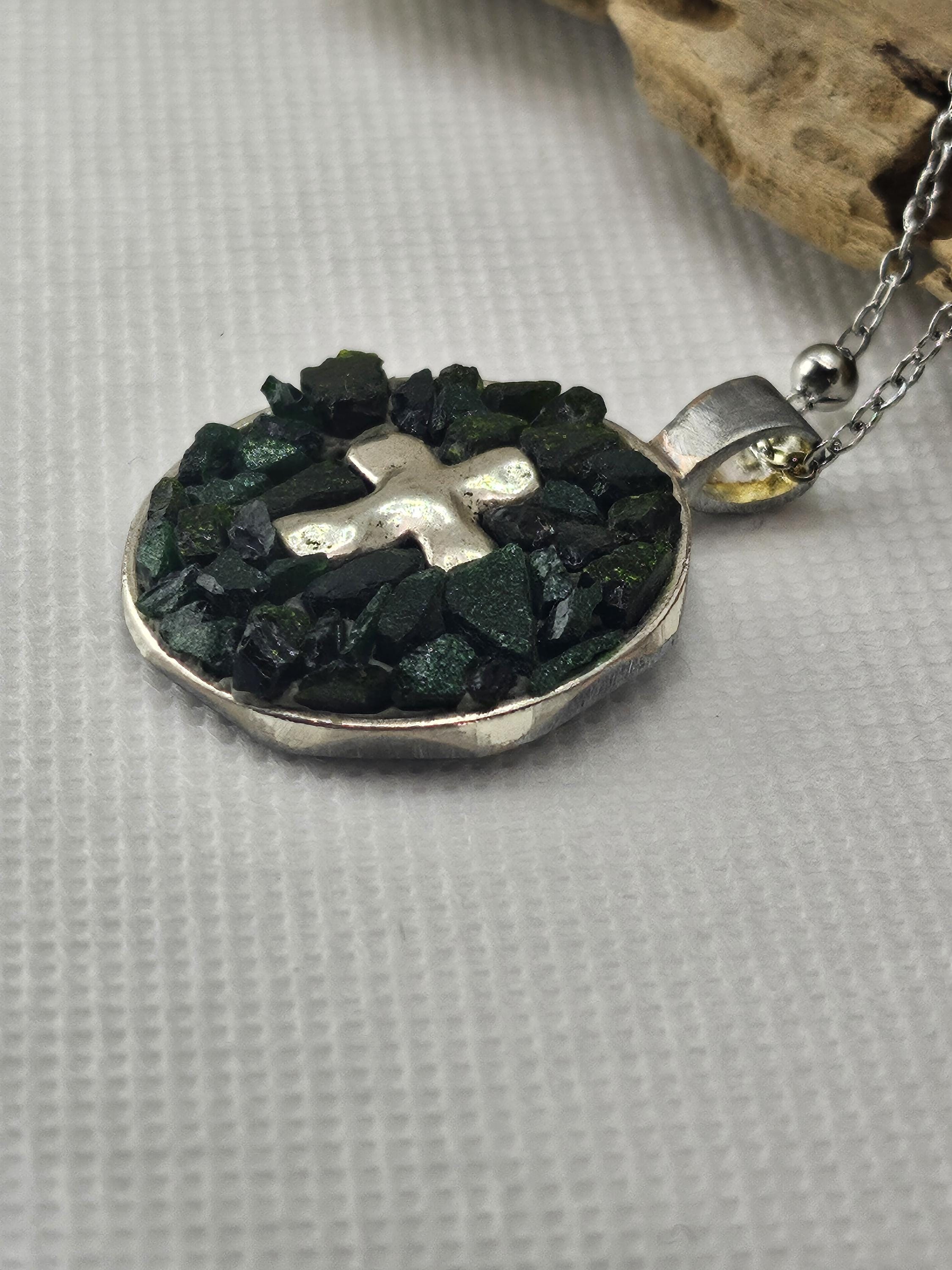 Micro Mosaic Cross Pendant on Durable Stainless Steel Chain - Artistic Jewelry for Unique Style and Conversation Starters