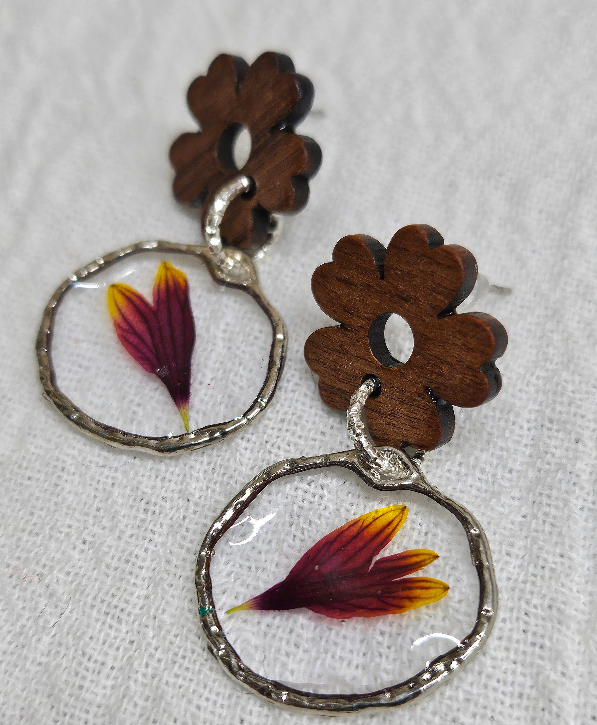 Oklahoma Wildflower Resin Flower Earrings - Handmade Red Wood Jewelry with Real Blanket Flowers - Unique One-of-a-Kind Accessories
