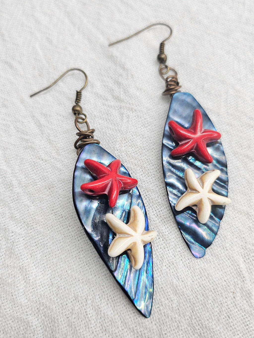 Handmade Blue Mother of Pearl  Magnesite Star Fish Earrings  Rustic Boho Jewelry Gift for Her  FREE SHIPPING
