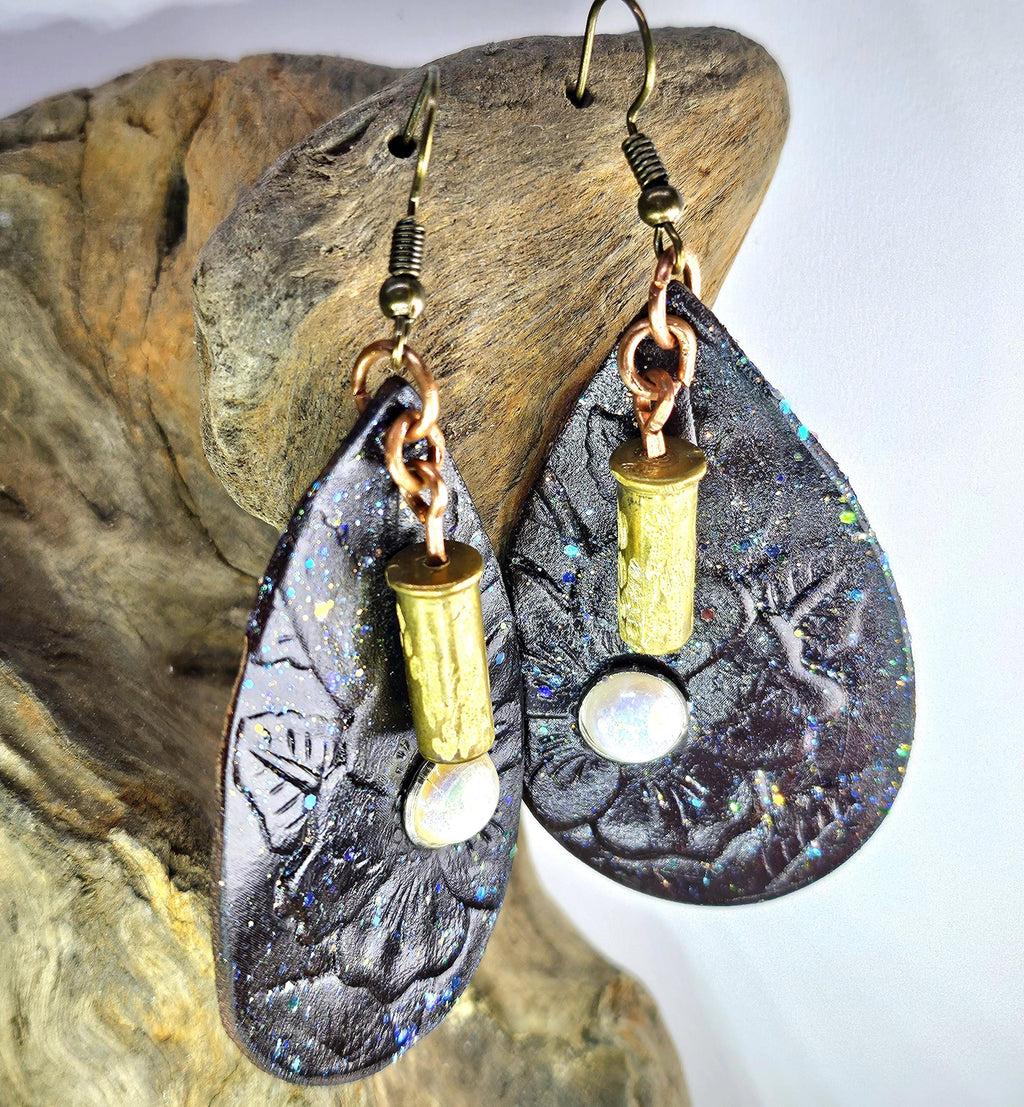 Embossed Leather Pearl Stud Earrings with 22 Bullet Brass Detail - Unique Fashion Statement for Bold Style