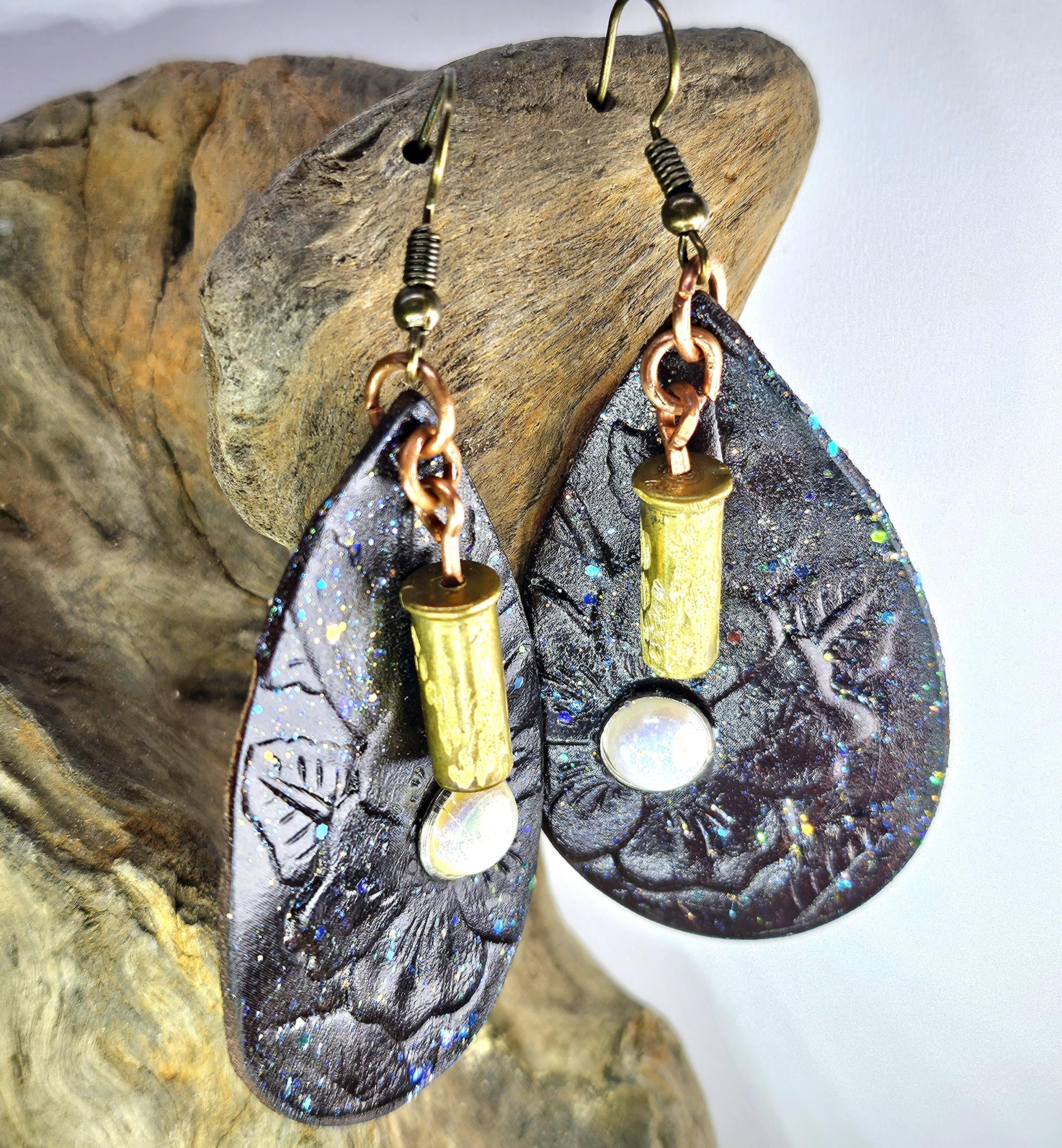 Embossed Leather Pearl Stud Earrings with 22 Bullet Brass Detail - Unique Fashion Statement for Bold Style