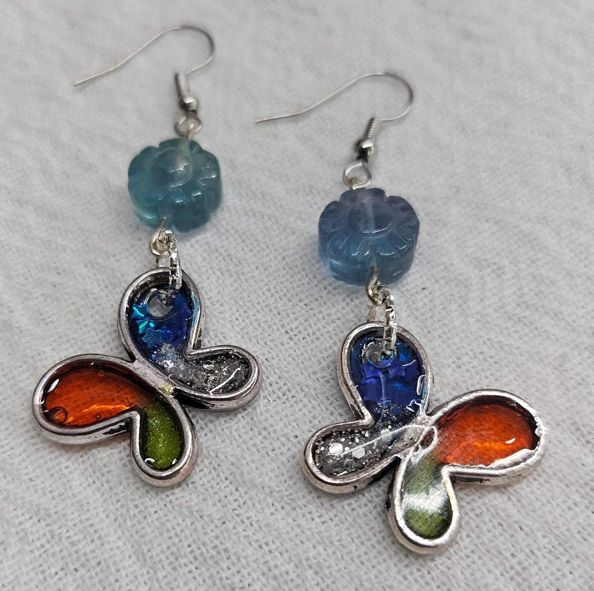 Butterfly  Flourite Drop Earrings  Rustic Boho Handmade Jewelry Gift for Her  FREE Shipping  Unique Style