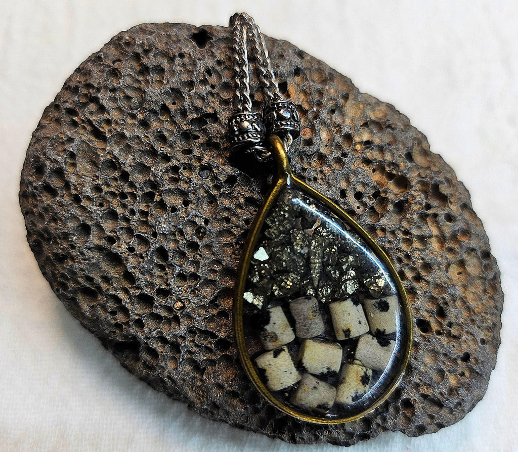 Dalmatian Stone  Pyrite Pendant Necklace  Rustic Boho Handmade Jewelry Gift for Her  Unique Accessory with FREE Shipping