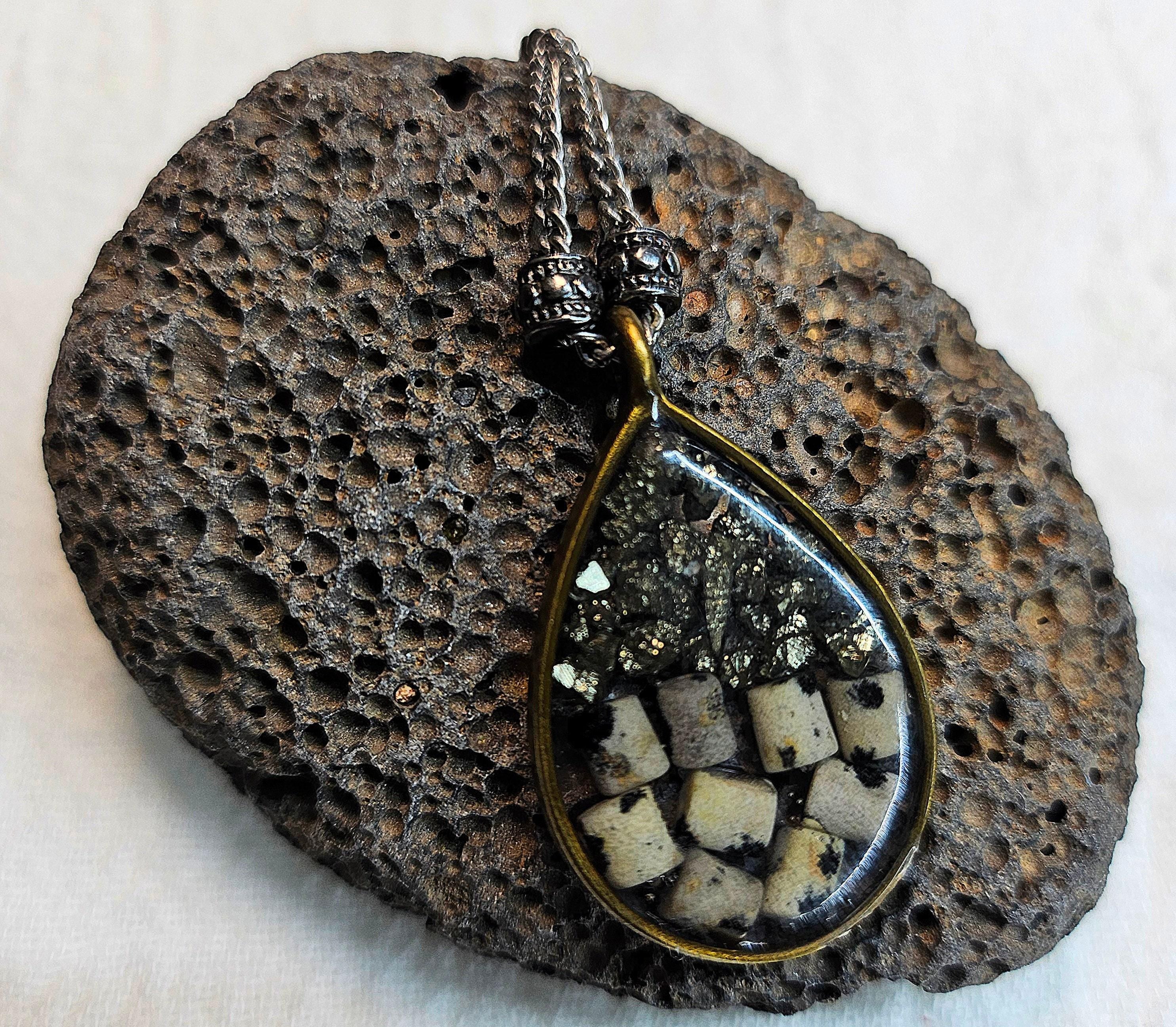 Dalmatian Stone  Pyrite Pendant Necklace  Rustic Boho Handmade Jewelry Gift for Her  Unique Accessory with FREE Shipping