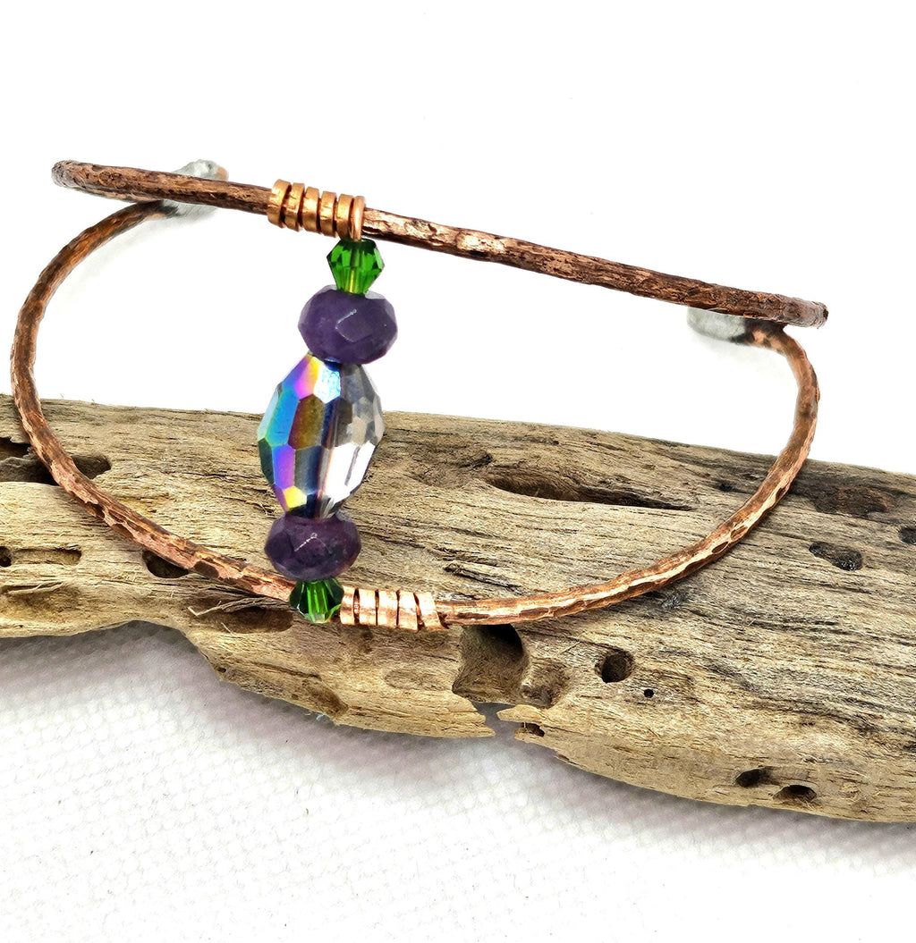 Textured Copper Wire Cuff Bracelet with Crystal Accent  Rustic Boho Handmade Jewelry Gift for Her  Free Shipping Available