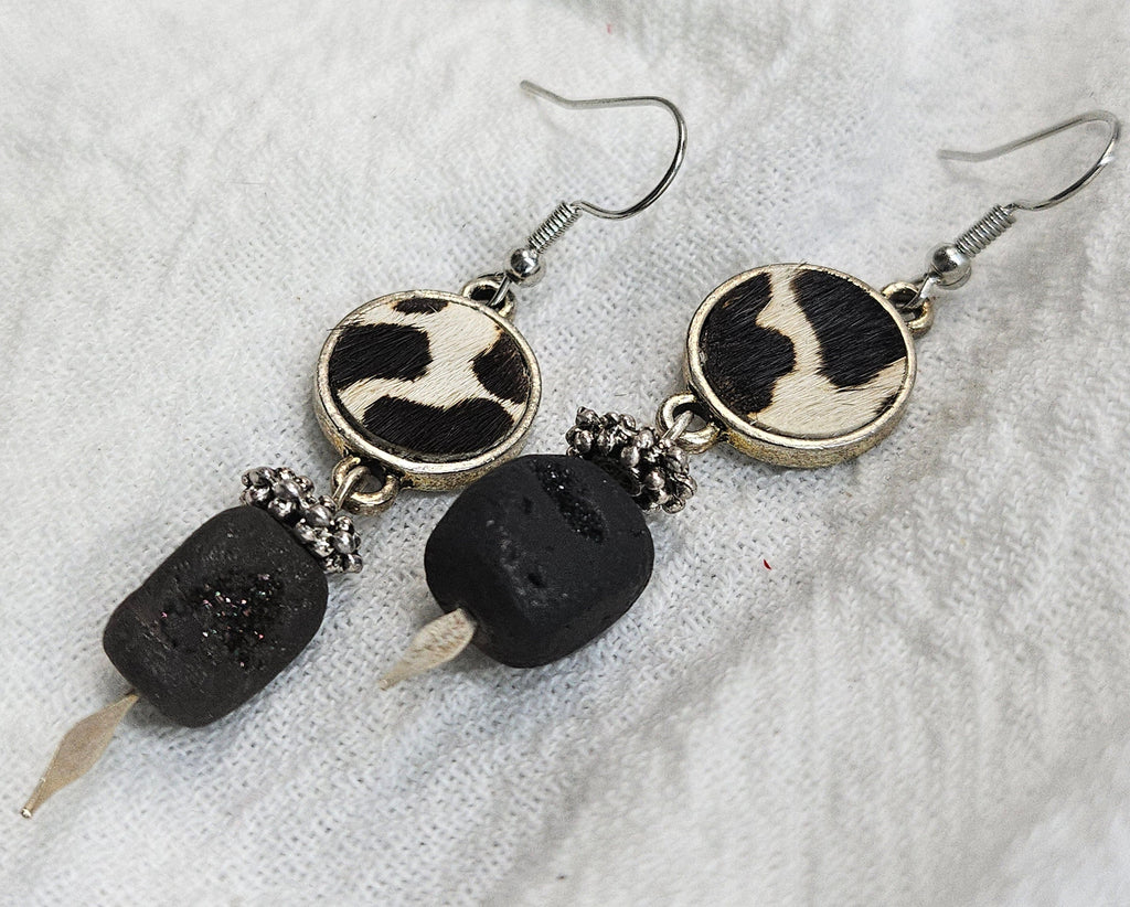 Handcrafted Leather Cow Print  Lava Stone Drop Earrings for Stylish Comfort  Unique Whimsical Accessory