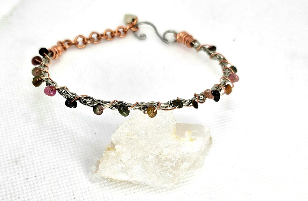 Handmade Tourmaline  Copper Stone Bangle Bracelet - Unique Rustic Boho Jewelry Gift for Her - FREE SHIPPING Rainbow Accessory
